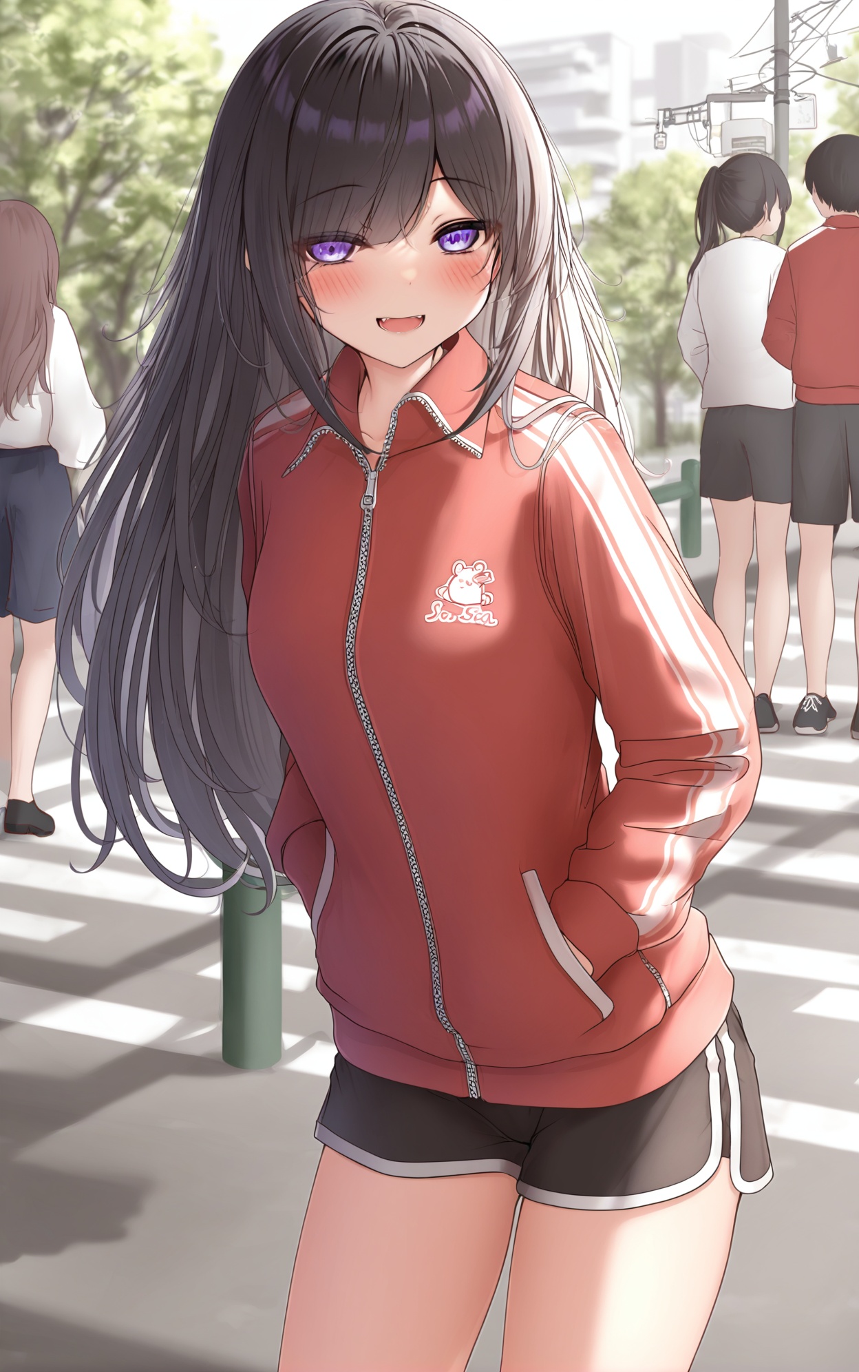 Monaka Curl,Coojacket, hands in pockets, long hair, shorts, black hair, purple eyes, looking at viewer, track jacket, 1girl, outdoors, red jacket, smile, black shorts, blush, long sleeves, cowboy shot, solo focus, standing, short shorts, solo, day, zipper, open mouth, road