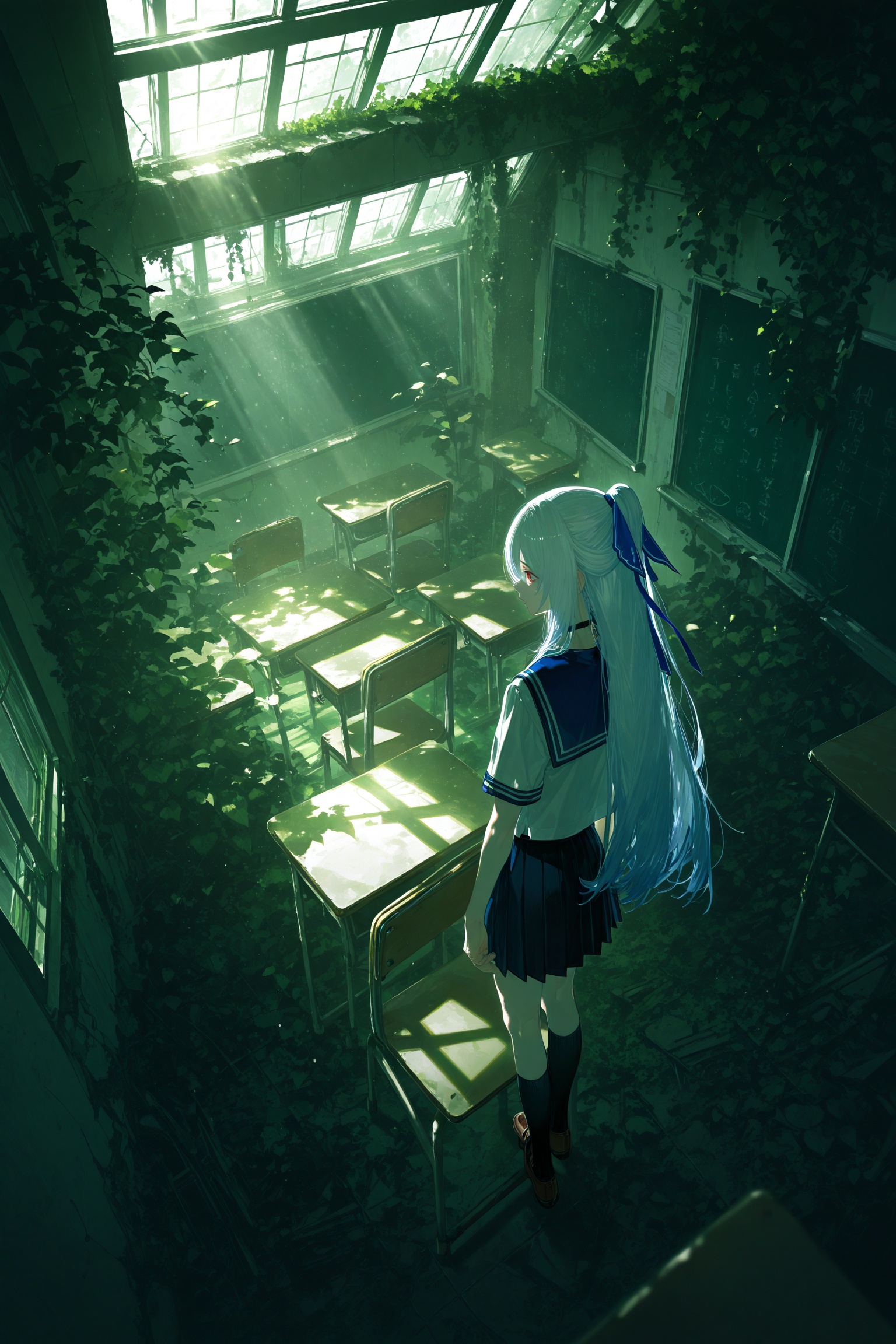 jingliu \(honkai: star rail\),from above,original,1girl,black socks,blouse,brown shoes,chair,chalkboard,classroom,green theme,indoors,ivy,light particles,loafers,lonely,looking afar,overgrown,plant,ponytail,ruins,sad,scenery,school uniform,serafuku,shirt,shoes,short sleeves,skylight,solo,sunlight,white shirt,dark,sola7764,banpai akira,[yoneyama mai,mika pikazo,(quasarcake:0.8),:(onono imoko:0.6),rei \(sanbonzakura\),(cogecha:0.8)],