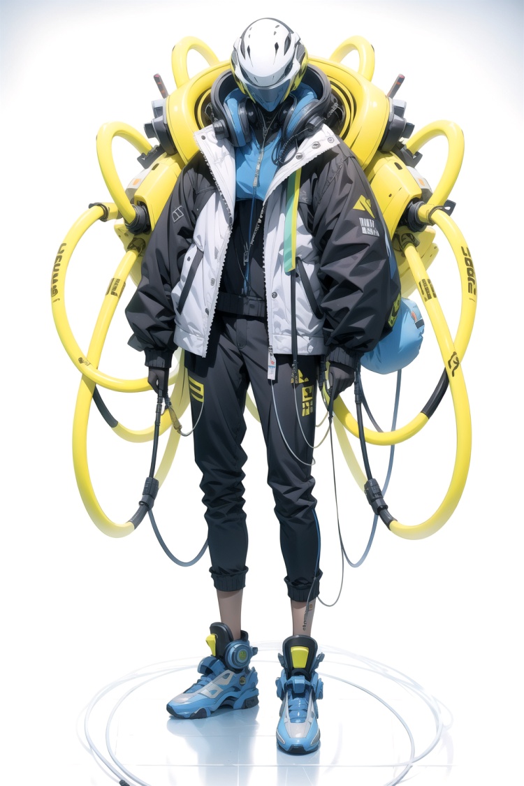 No human, solo, sci-fi, robot, full body side, black blue clothing, black blue pants, black gold cable, cable, tube, jacket, wire