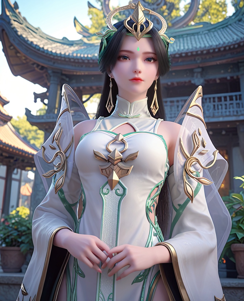 (oriental architecture, elegant decor, sophisticated style:1.1),hands in pockets,(breasts:1.2),<lora:XL完美世界柳神:0.9>,miss liushen,solo,white dress,shawl,black hair,long hair,bangs,hair ornament,blackish green eyes,forehead mark,black hair highlights green hair,clothing cutout,waist cutout,earrings,wide sleeves,, zPDXL2, score_9, score_8_up, score_7_up BREAK realistic, masterpiece,best quality, highly detailed,, zPDXL3, zPDXL2,zPDXL, zPDXLxxx, zPDXLrl,