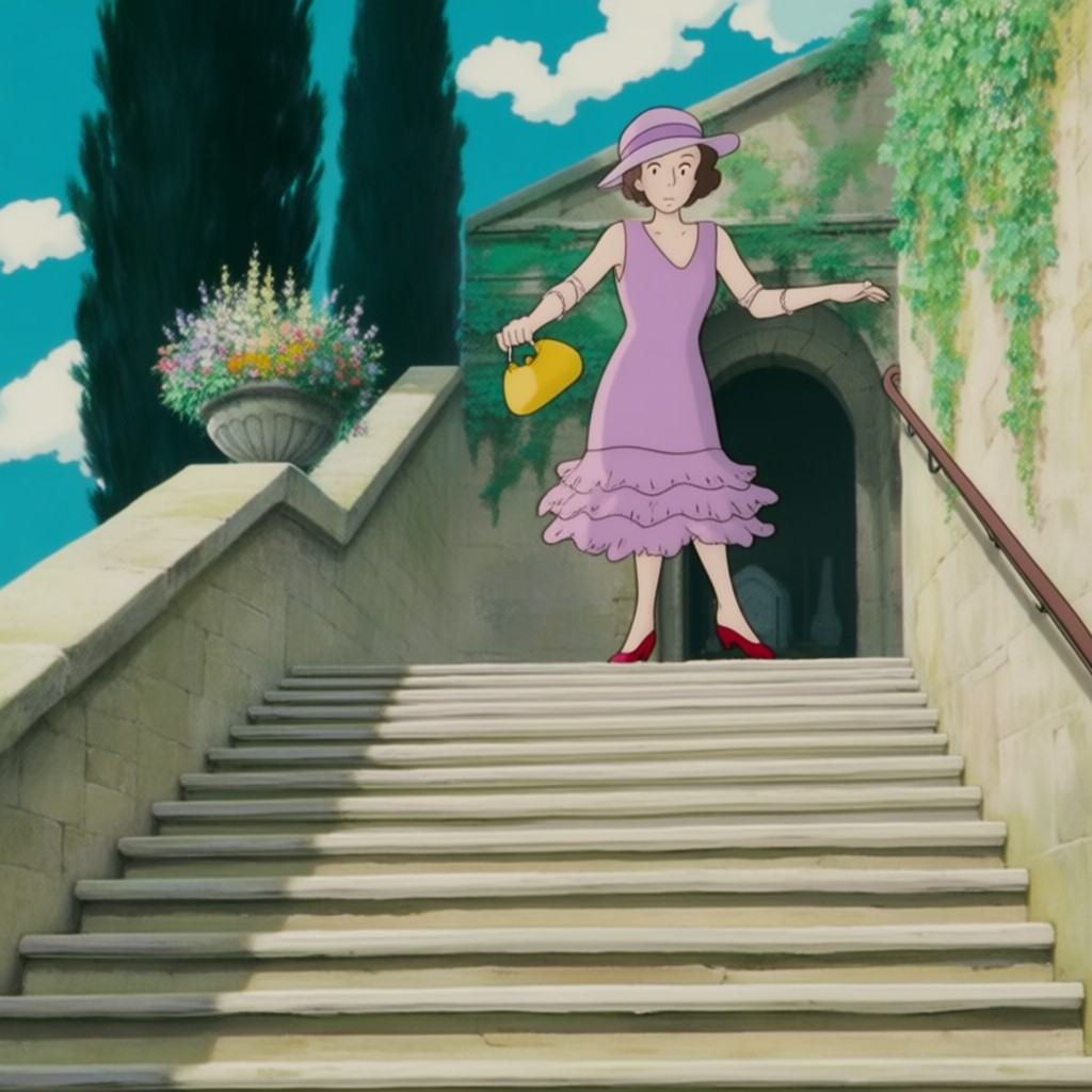 ghibli style image of a young woman wearing a lavender flapper dress,  a matching hat and red heeled shoes. She is standin...