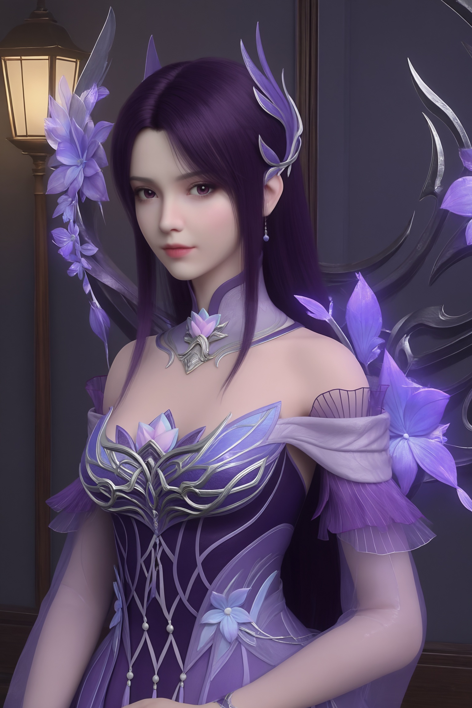 best quality,emotional lighting,cinematic composition,clean space,ethereal,soft light catching the subtle details of her face,the background a gentle gradient of dark purple and blue tones,enhancing the emotional weight of her expression,looking at looking at viewer,simple background, <lora:斗破苍穹-小医仙-7星斗尊ILL:0.7>,long,straight purple hair,purple dress,high collar,lace patterns,