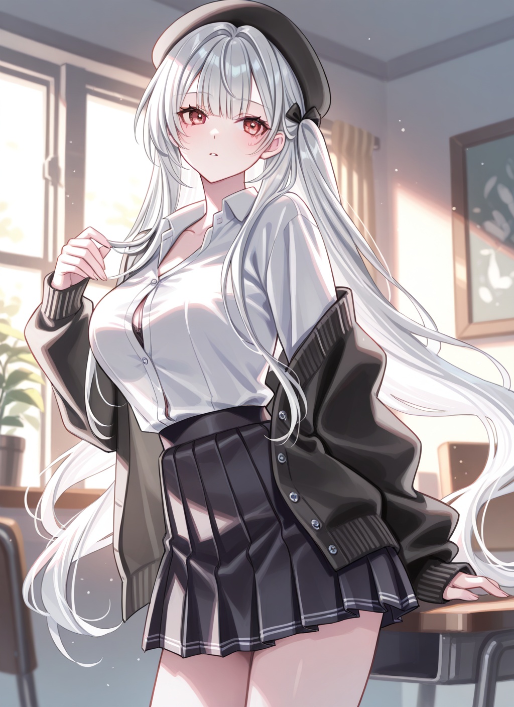 <lora:scylla_IL_v1.0:1>,scylla \(azur lane\),collared shirt,pleated skirt,black cardigan,open cardigan,beret,,suzaku_(zaku6584),, masterpiece,best quality,