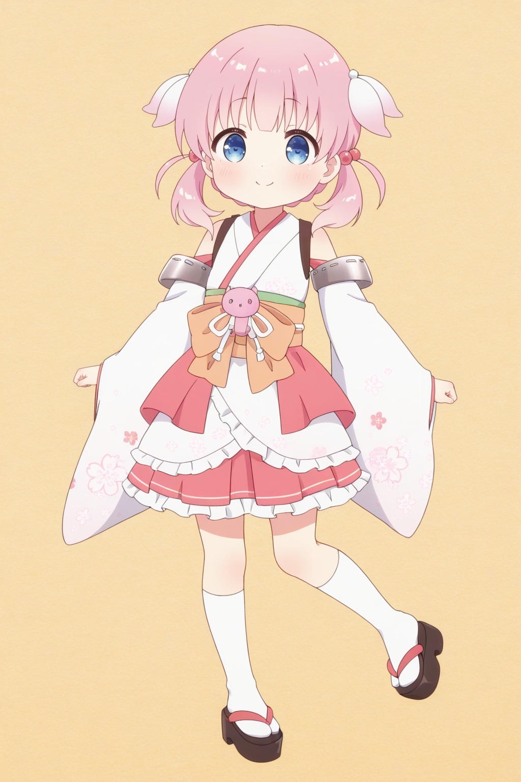 <lora:Haizakura_Ill_v10:0.8>,full body,Haizakura,little_girl,loli,kawaii,(child),blue eyes,short stature,pink hair,twintails,medium hair,hair ornament,japanese clothes,kimono,detached sleeves,bare shoulders,smile,white kimono,hair bobbles,