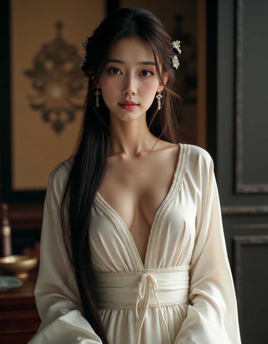 HDR photo of cinematic film still 1girl, solo, dress, long hair, hair ornament, breasts, chinese clothes, jewelry, earrings, realistic, white dress, looking at viewer, sash, waist up, chinese dress, brown hair, parted lips, black hair, cleavage, large breasts, long sleeves, . shallow depth of field, vignette, highly detailed, high budget, bokeh, cinemascope, moody, epic, gorgeous, film grain, grainy . High dynamic range, vivid, rich details, clear shadows and highlights, realistic, intense, enhanced contrast, highly detailed
