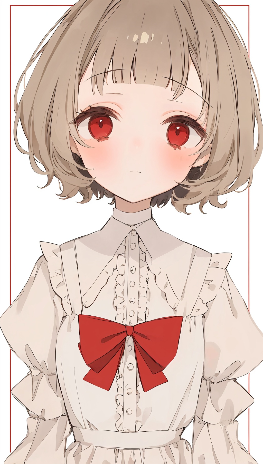 1girl,solo,bow,brown hair,red eyes,blush,short hair,white bow,bangs,upper body,looking at viewer,closed mouth,bowtie,white bowtie,grey background,hair bow,simple background,blunt bangs,frills,shirt,puffy sleeves,white shirt,ribbon,dress,white border,red bow,