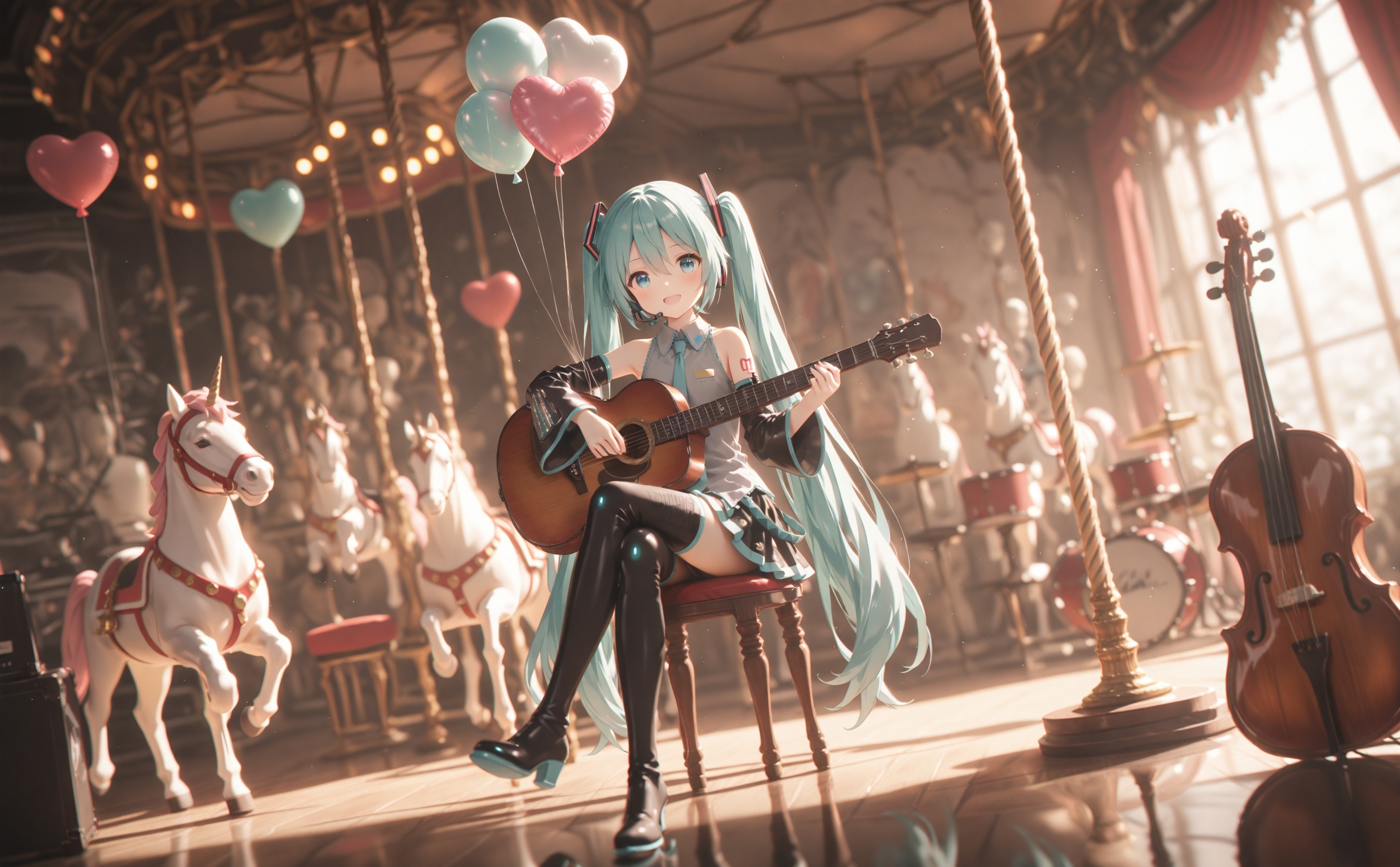 masterpiece,absurdres,best quality,loli,petite,high quality,chromatic_aberration,cinematic_angle,dutch angle, //,carousel, balloon, hatsune miku, instrument, heart balloon, 1girl, sitting, long hair, twintails, drum, holding instrument, playing instrument, skirt, holding, shirt, detached sleeves, very long hair, indoors, guitar, solo, wide shot, thighhighs, reflection, sleeveless, aqua hair, smile, reflective floor, music, aqua necktie, necktie, sleeveless shirt, horse, acoustic guitar, blue hair, backlighting, wide sleeves, black thighhighs, closed eyes, blurry, grey shirt, long sleeves, depth of field, black sleeves, collared shirt, frills, animal, bare shoulders, pleated skirt, boots, cello, heart, holding balloon, white shirt, drum set, violin, open mouth, hair between eyes, hair ornament, thigh boots, black footwear, black skirt, arm up, zettai ryouiki, stool, headset, microphone, mannequin, full body, pantyhose, unicorn, looking at viewer, chair, dress, crossed legs, aqua eyes, closed mouth, blue eyes, blue necktie, bokeh, stage, electric guitar, miniskirt, riding, concert, floor, amusement park, horseback riding, sidelighting, high heels, happy, hand up, headphones<lora:Fumyun-000030:0.8>