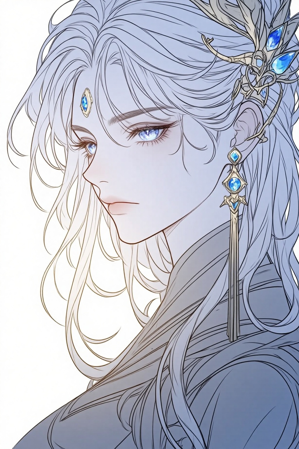 ZOZ_SUMIAOHH,ZOZ_SUMIAOMIAO,a digital illustration shoot from a profile camera angle about a close-up portrait of a young woman with long,wavy,light blue hair adorned with intricate hair accessories and blue gemstones,the subject,a 1woman,is positioned in the middle of the image,facing the viewer with a serious expression,she appears to be in her early twenties,with light blue eyes and a delicate,ethereal appearance,her hair is styled in loose waves and falls down her back,framing her face,she is wearing a dark outfit with a high collar and a pair of earrings with blue gems adorning her hair,the background is a plain white,providing a simple yet elegant contrast to the subjects delicate features,the style is detailed and semi-realistic,with a focus on the characters facial features and the intricate details of her hair accessories,