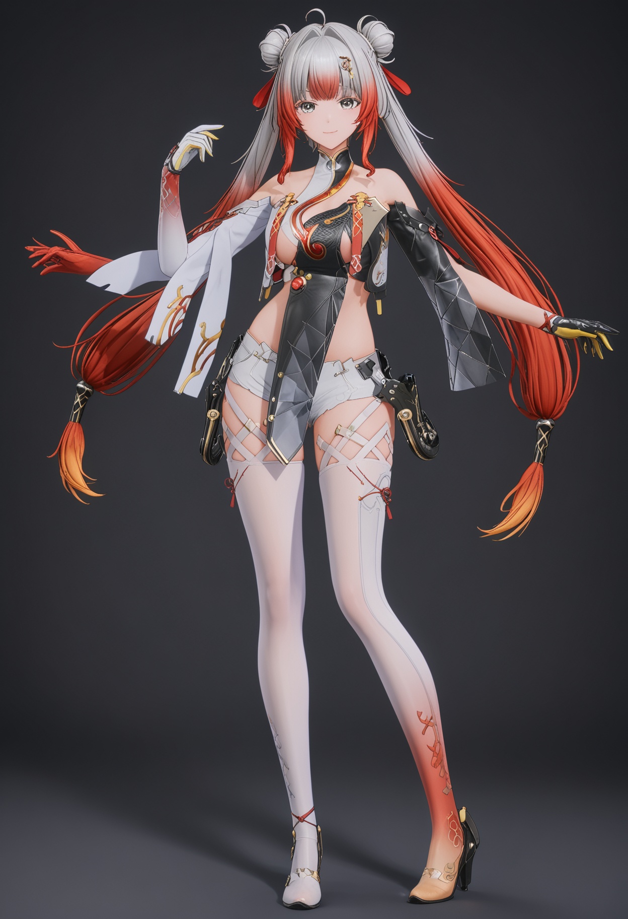 (standing full_body:1.1),score_9,score_8_up,masterpiece,(best quality),intricate details,facing viewer,(looking at viewer:1.1),<lora:YQ_pony_bubu_V4:0.8>,q1528437228,1girl,solo,red hair,multicolored hair,grey hair,long hair,hair ornament,gradient hair,hair bun,double bun,chinese clothes,twintails,grey eyes,dress,detached sleeves,gloves,hair intakes,thighhighs,white pantyhose,white thighhighs,shorts,high heels,two-tone hair,pelvic curtain,thighs,white shorts,BREAKscore_9,score_8_up,masterpiece,(best quality),perfect anatomy,(hourglass),perfect face,(simple background,pure black background,black background:1.1),fair_skin,shiny_skin,Ivory_skin,