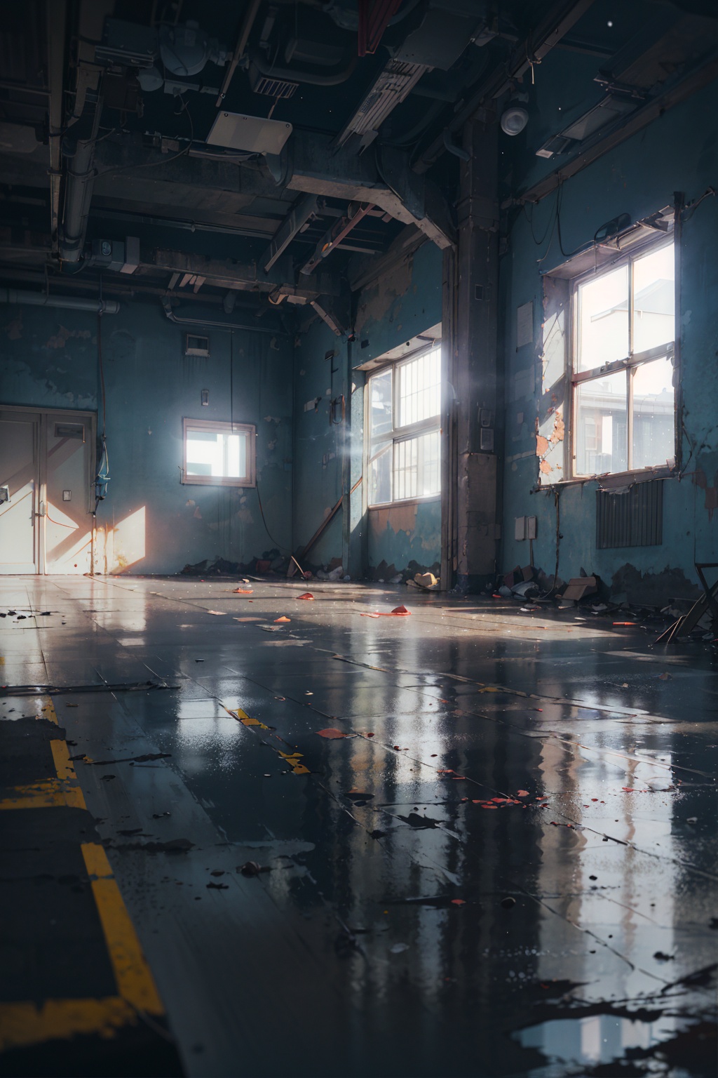 masterpiece,best quality,(ray tracing, reflection light, film grain),dark sky, heavy rain, inside abandoned building, low water level,realistic background,light particle