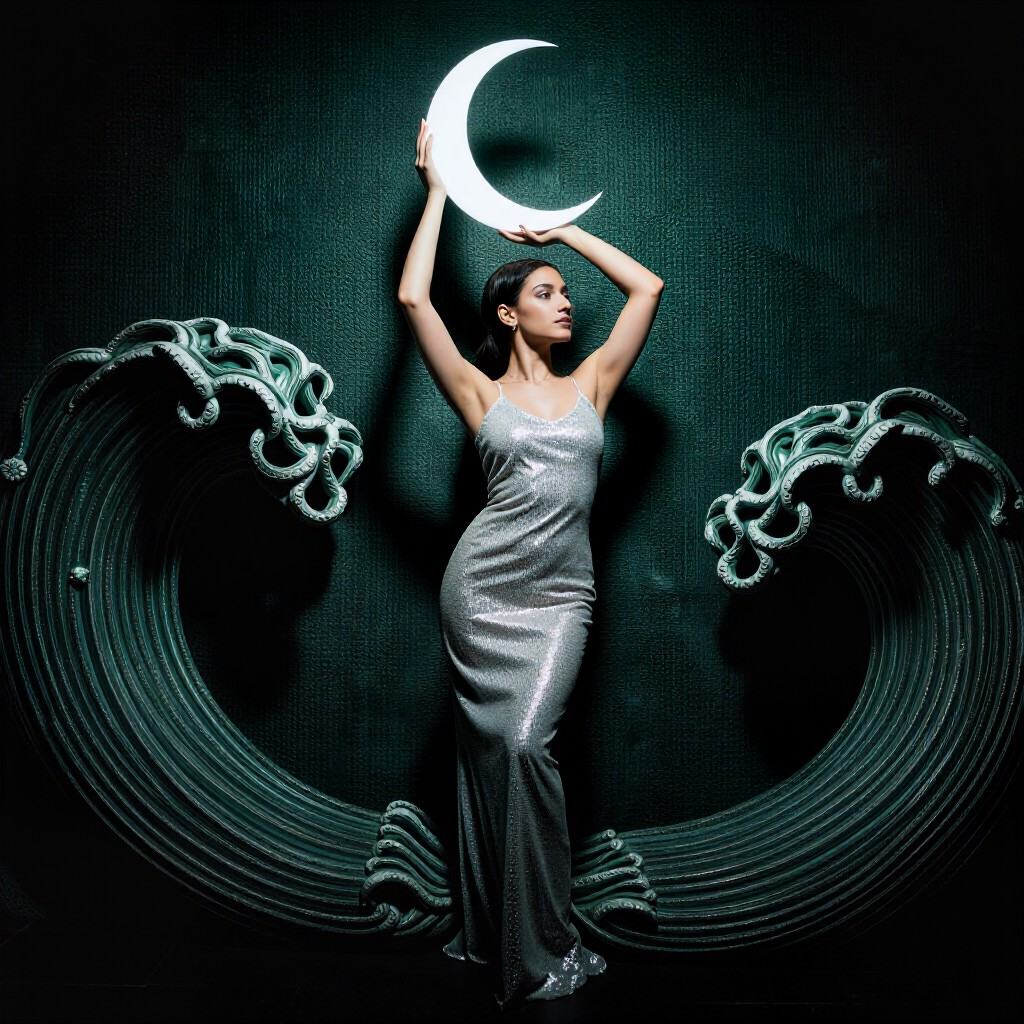 A woman in a shimmering silver sequined gown holds a crescent moon above her head,  standing against a textured,  dark tea...