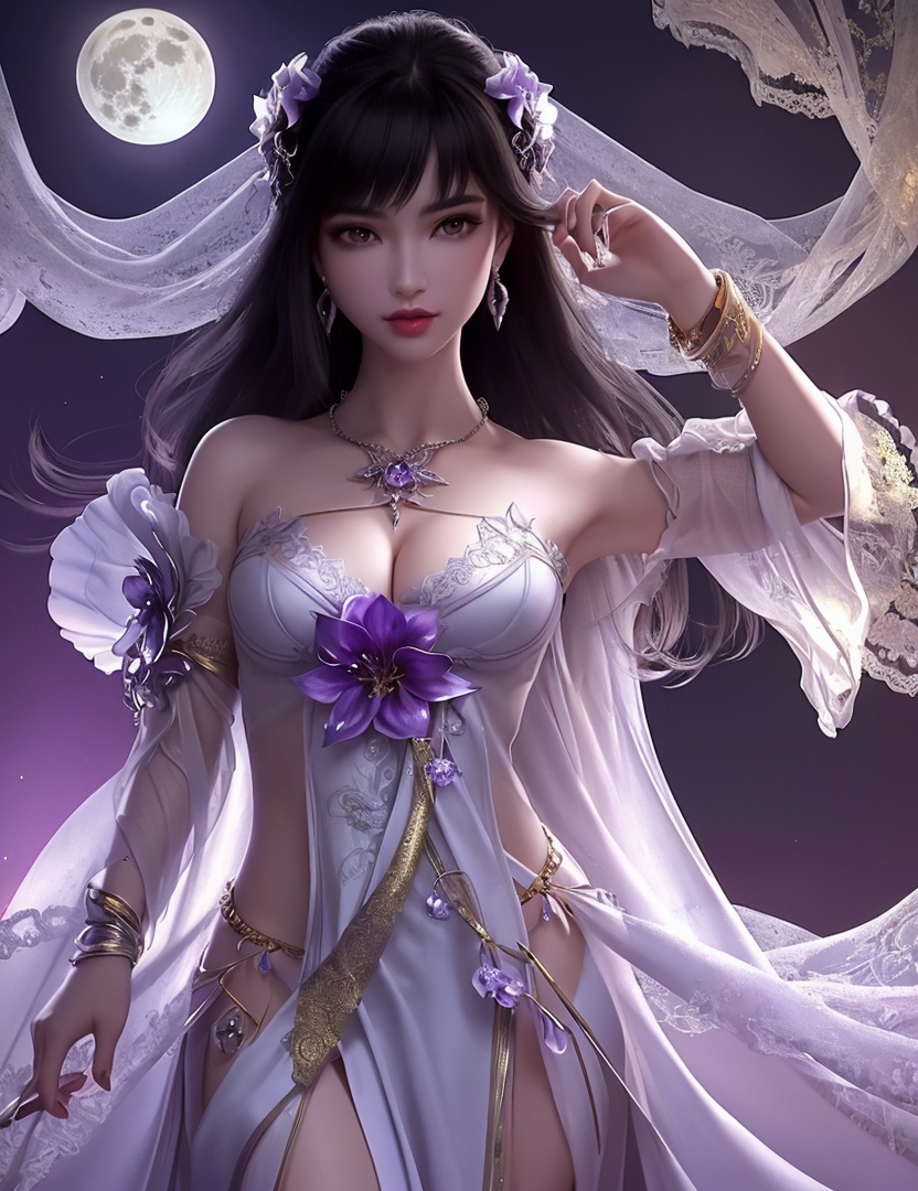 ultra realistic 8k cg, picture-perfect face, flawless, clean, masterpiece, professional artwork, famous artwork, cinematic lighting, cinematic bloom, perfect face, beautiful face, fantasy, dreamlike, unreal, science fiction,   lace, lace trim, lace-trimmed legwear,  (rich:1.4), prestige, luxury, jewelry, diamond, gold, pearl, gem, sapphire, ruby, emerald, intricate detail, delicate pattern, charming, alluring, seductive, erotic, enchanting, hair ornament, necklace, earrings, bracelet, armlet,halo((,1girl, pov,))(((1girl, jewelry, solo,, breasts, , looking_at_viewer,  outdoors,  full moon,  upper body,  purple flower, )))    <lora:DA_YueChanTeen:0.7>
