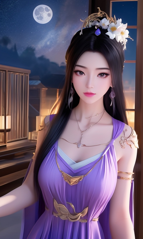 (,1girl, ,best quality, ),looking at viewer, <lora:395-DA-凡人修仙传-紫灵:0.8> ,ultra detailed background,ultra detailed background,ultra realistic 8k cg,, ,masterpiece, (( , )),, ,tamari \(flawless\),  ,   cure blossom, full moon,night,night sky,  (()), (), ,, , jewelry, necklace, solo, , , , hair_ornament, , earrings,large breasts,,  , ,