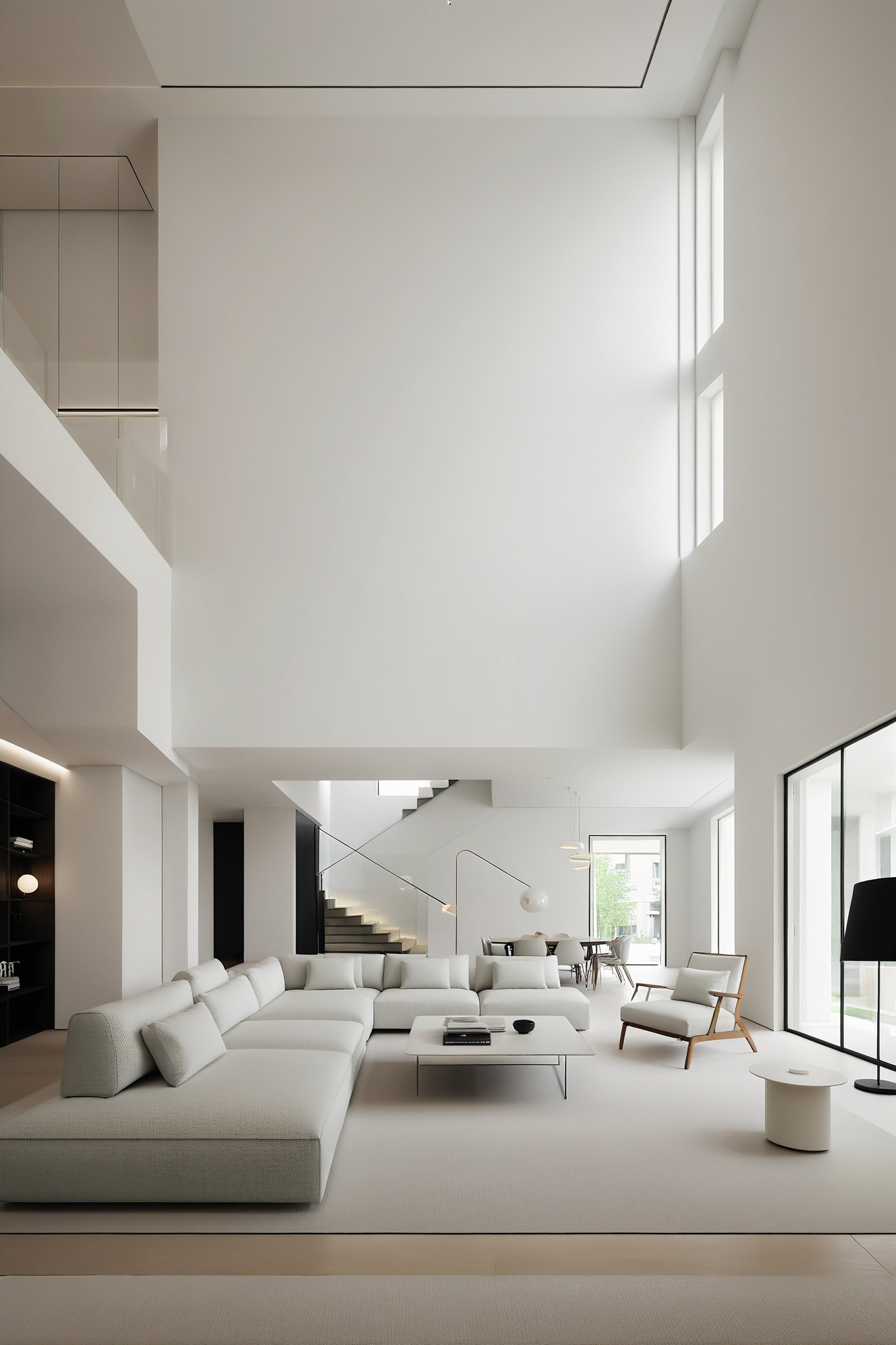 minimalist,luxury decoration,livingroom,sofa,carpet,floor lamp,duplex building,double-storey building,hollow livingroom,vertical composition,8K,high-definition,high quality,high resolution,details,realism,masterpieces,realism,masterpieces,