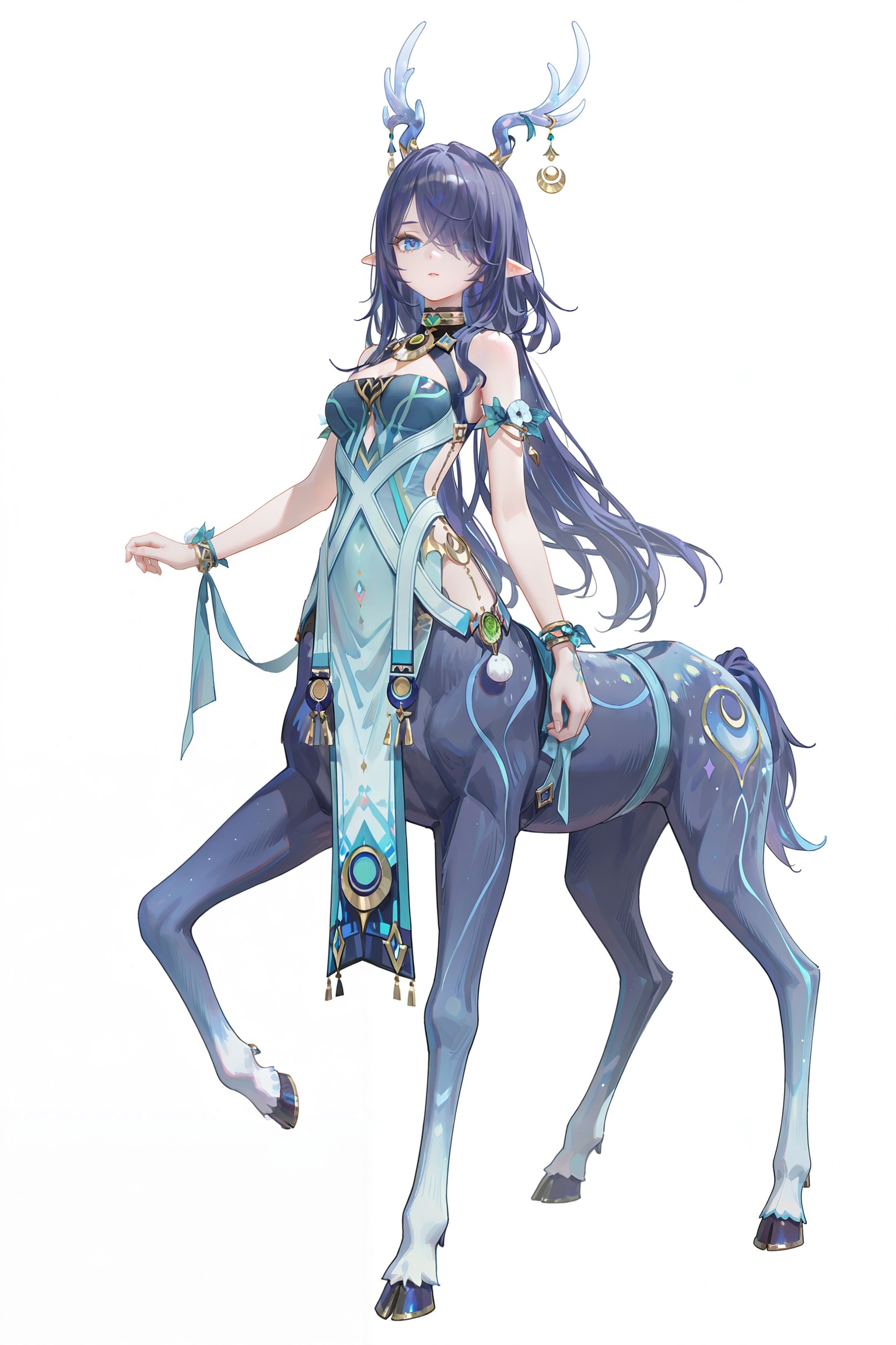 8k,best quality,masterpiece,(ultra-detailed),(high detailed skin),(artist:reoen:0.826446),(artist:machi:0.9),(artist:ningen_mame:0.9),(artist:sho_(sho_lwlw):0.9),(artist:rhasta:0.9),(artist:wlop:0.7),(artist:ke-ta:0.6),(fkey:0.5),(tianliang duohe fangdongye:0.5),(hiten \(hitenkei\):0.6),best quality,amazing quality,(artist:onineko:0.826446),very aesthetic,bokeh,(solo:1.2),simple background,(white background:1.2),(white background:1.1),full body,full shot,standing,looking at viewer,(solo:1.2),simple background,(white background:1.2),(white background:1.1),<lora:Laumays-ill-Tanger:0.8>,Lauma \(genshin Impact\),clothes: Laumadef blue chinese dress,Laumadef  horns,deer girl,1girl,centaur,monster girl,antlers,tail,animal ears,starry fur,hair over one eye,pointy ears,long hair,blue eyes,breasts,