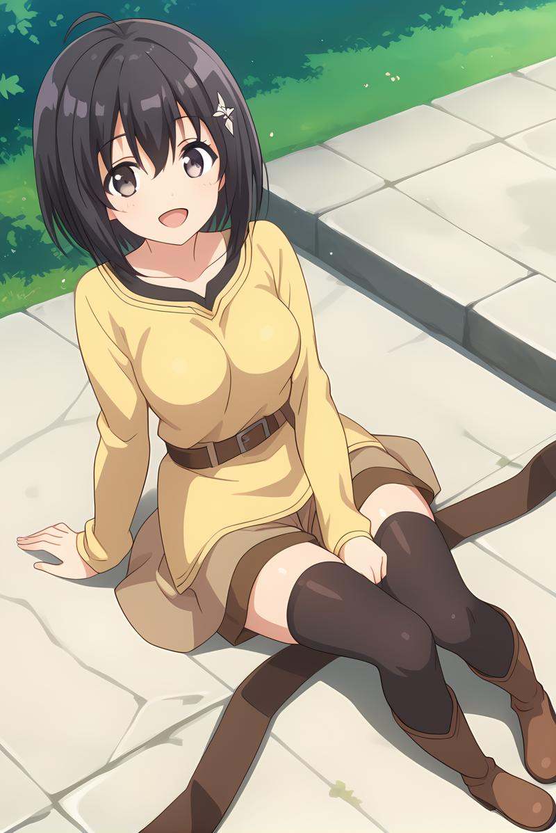 (yellow shirt born skirt brown shorts black thighhighs brown boots belt),  bof-maple,  black hair on Tensor.Art