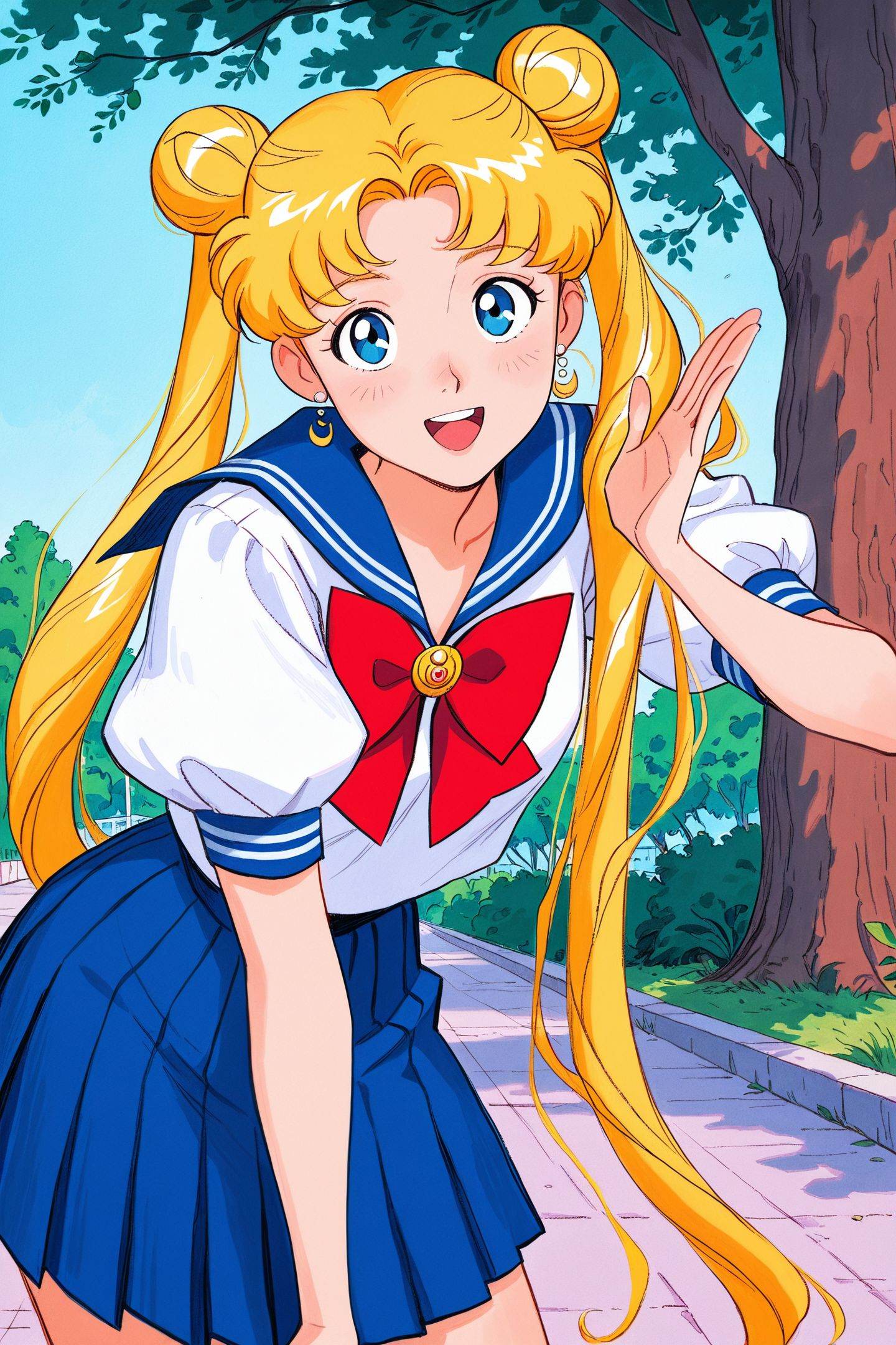 ami thompson Style,tsukino usagi,long hair,1girl,solo,skirt,twintails,blonde hair,pleated skirt,blue eyes,school uniform,blue skirt,blue sailor collar,open mouth,short sleeves,very long hair,smile,red bow,looking at viewer,serafuku,puffy sleeves,puffy short sleeves,:d,traditional media,tree,no hairornament,hand up,<lora:ami thompson_illustriousXL:1>,