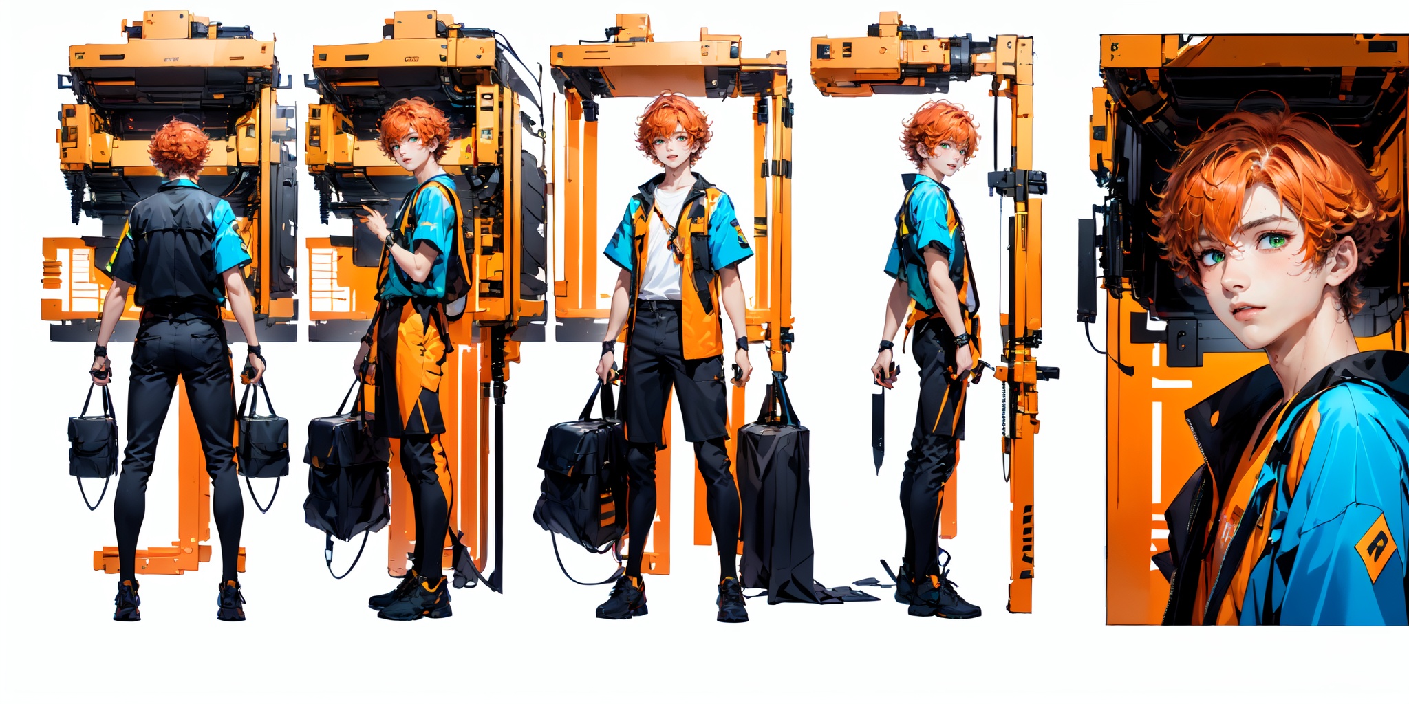 (white background:1.2),(full body:1.2),(masterpiece:1,2),best quality,best quality,masterpiece,(solo:1.25),(1 boy:1.5),Mature male,Sunny boy,happy,(Short curly orange hair:1.1),green eyes,workwear,Transparent clothes,engineer,Cyber Aso,<lora:Cyber Aso_20240119182540:0.8>,