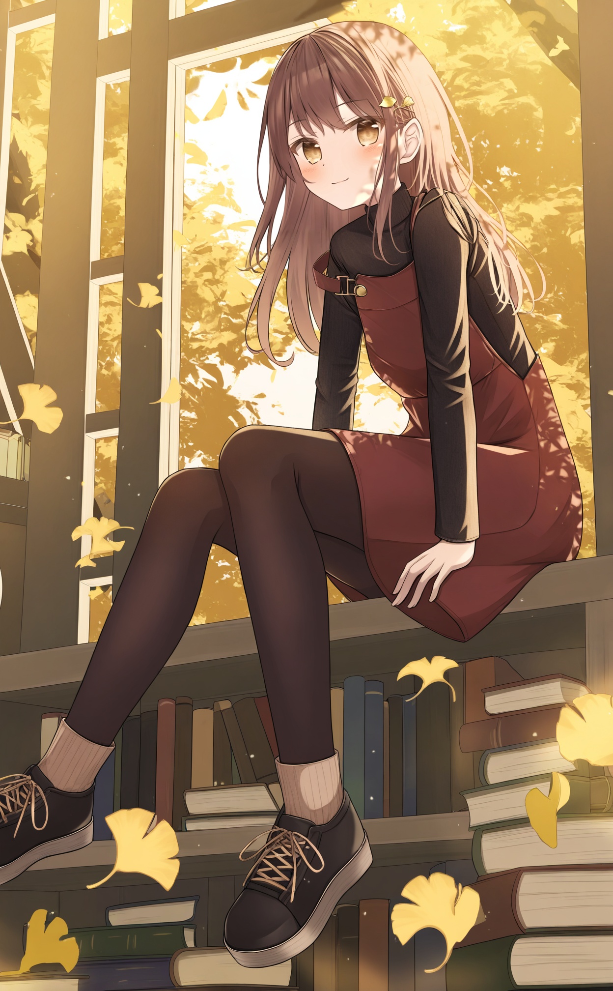 masterpiece,absurdres,best quality,loli,petite,high quality,//,1girl,solo,brown_hair,long_hair,pantyhose,sitting,looking_at_viewer,book,smile,long_sleeves,autumn,shoes,window,hair_ornament,strap_slip,ladder,blush,autumn_leaves,black_footwear,closed_mouth,black_shirt,socks,shirt,yellow_eyes,brown_eyes,leaf,sweater,black_pantyhose,dress,book_stack,turtleneck,bookshelf,falling_leaves,tree,indoors,ginkgo_leaf,overalls,black_sweater,pinafore_dress,full_body,red_dress,brown_socks,brown_pantyhose,//,<lora:千道センリ2——【noob】hans:1>,