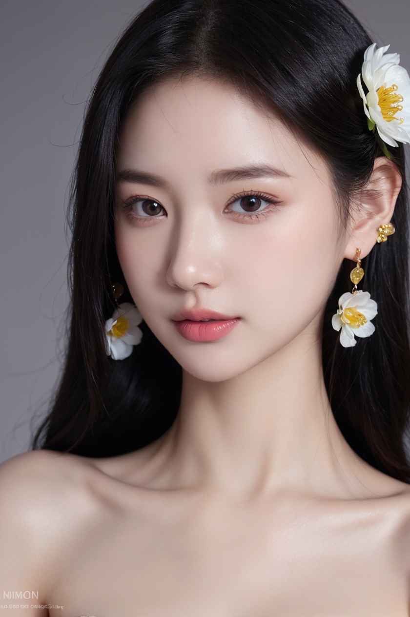 1girl, solo,(front view:1.2),(looking_at_viewer:1.4),(eye-contact:1.4),,black hair, long hair, jewelry, realistic, earrings, hair ornament, black eyes, lips, collarbone, parted lips, flower, watermark, upper body, portrait, hair flower, dress, web address,  <lora:YG红颜阁美女5:0.8>,