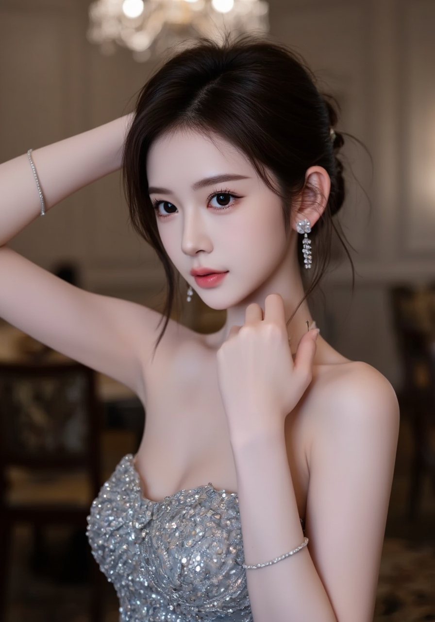 This is a high-resolution photograph of a young East Asian woman with a fair complexion and delicate features,likely in her early twenties. She has a petite physique with a slender build and medium-sized breasts. Her hair is dark brown,styled in an elegant updo with a few loose strands framing her face. She wears a strapless,silver gown adorned with intricate,shimmering sequins that catch the light,adding a touch of glamour. Her makeup is flawless,with subtle pink lipstick,well-defined eyebrows,and a natural blush on her cheeks. She accessorizes with a pair of dangling,sparkly earrings and a delicate bracelet on her right wrist. Her expression is calm and composed,with a slight,inviting smile. In the background,the setting appears to be a luxurious,warmly lit room with a chandelier and ornate furniture,suggesting an upscale setting,possibly a formal event or a sophisticated home. The lighting is soft and diffused,enhancing the overall elegance of the scene.,<lora:3e752b:0.75>,