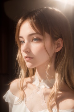 This is a close-up photo of a woman's side face with long blonde hair and dark eyes. Her skin looks very smooth and her facial features are well-dressed. She wore a delicate white lace dress with a low neckline that exposed her shoulders. The light is slanted from the left side,creating a chiaroscuro that accentuates her facial features. The background is blurry,but it appears to be an indoor environment,profile,cinematic_angle,