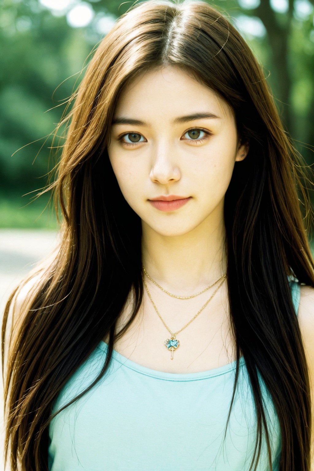 1girl, solo, realistic, photorealistic, film grain, realistic, necklace, (smirk:0.3), long hair, looking at viewer, upper body,