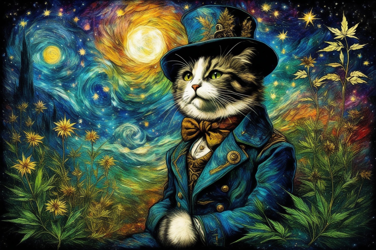 The subject,  a very inkpunk combined with steampunk like picture of cat with a very ganja like canabis feeling,  is depic...