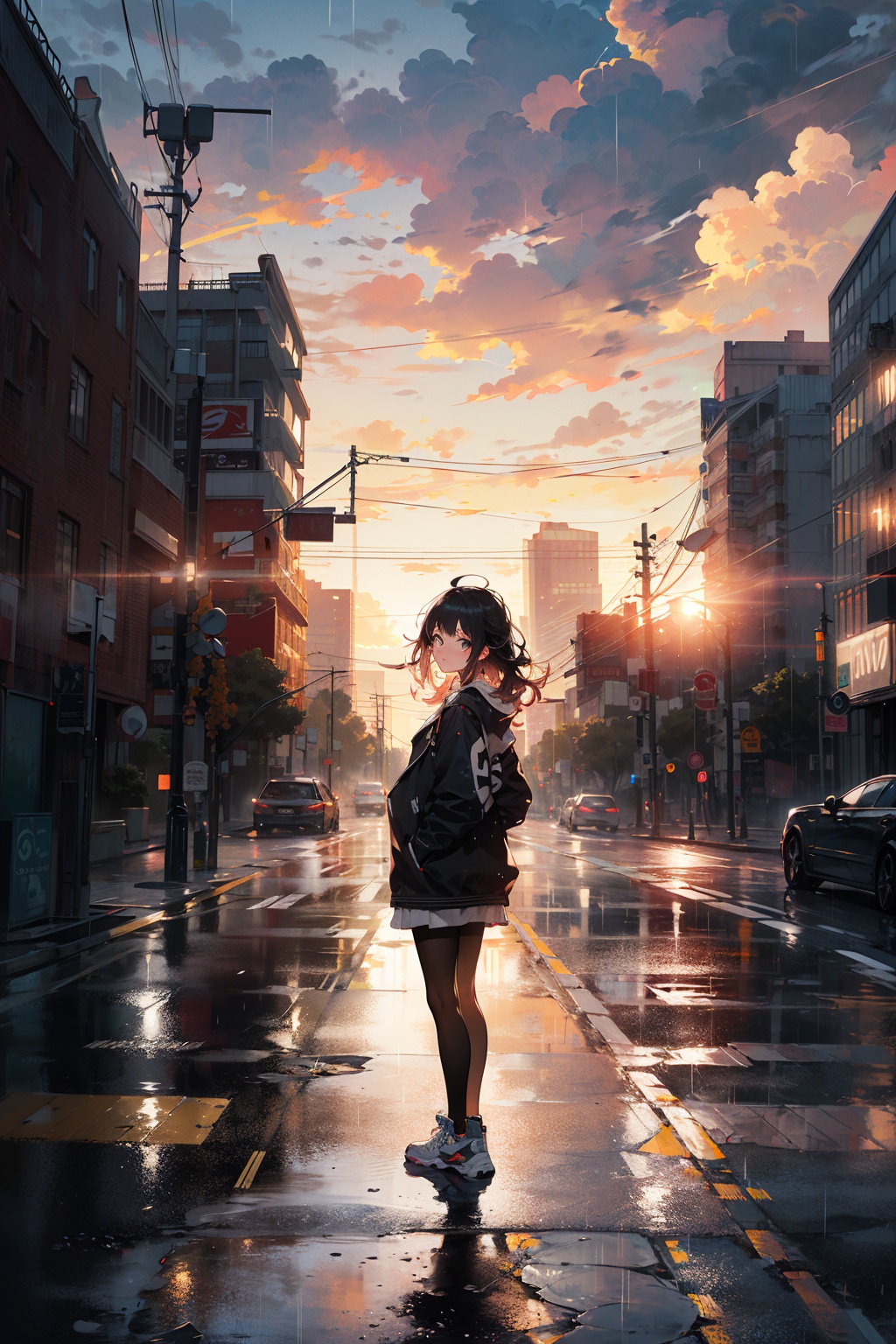 masterpiece,best quality,(ray tracing, cinematic lighting),ex-light,(central composition, Centered Composition and Symmetry:0.6),(back to camera:1.3),backlight,1girl,((solo)),black long hair,messy hair,jacket,pantyhose,rainy day,Cumulonimbus Cloud,(put hands in pockets),(outdoors, rain, sky, deserted streets, watered-down pavements, crossroad, fork in the road),tall buildings,bell towers,glass,reflections,streetlights,sunset,Tyndall Effect,