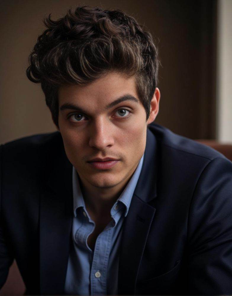 Daniel Sharman ,  masterpiece. best quality .extreme detailed. An iphone photo. male. ( wearing navy suit. blue shirt . lo...