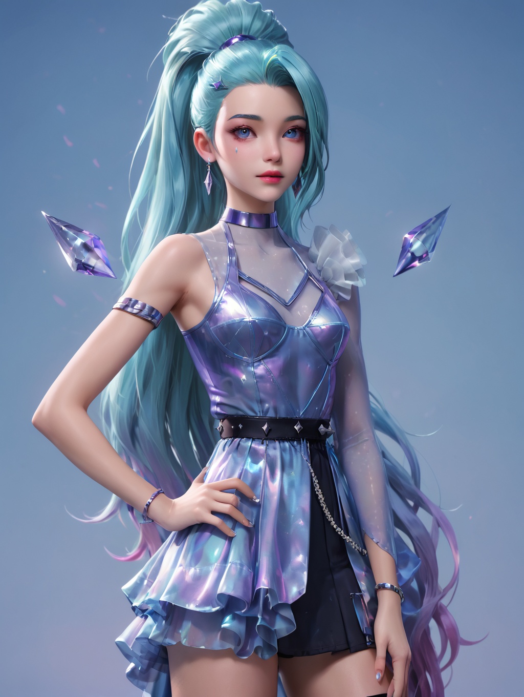 1girl, k/Da (league of legends), seraphine, (official k/da), (league of legends), aqua purple hair, k/da two-tone dress, <lora:SeraphinePonyV1:0.6>looking at viewer, arms on side, (hands on hip:1.2),