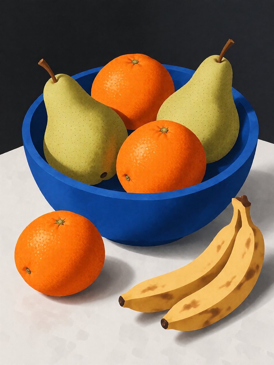 A bowl of fruit with oranges,  pears,  bananas and a blue ceramic bowl on Tensor.Art