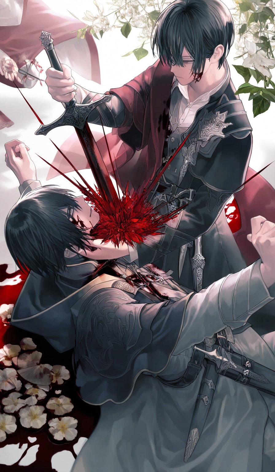 <lora:鵜飼沙樹-Style-000060:1>,highres,absurdres,newest,very awa,masterpiece,best quality,year 2024,(upper body:1.6),holding, weapon, multiple boys, blood, holding weapon, short hair, male focus, knife, flower, black hair, fruit, 2boys, belt, sword, stab, long sleeves, food, looking at another, blood on clothes, holding sword, standing, white flower, holding knife, from above, robe, bleeding, shirt, lying, blood on face, leaf, coat, on back, pants, dagger, torn clothes, blood on hands