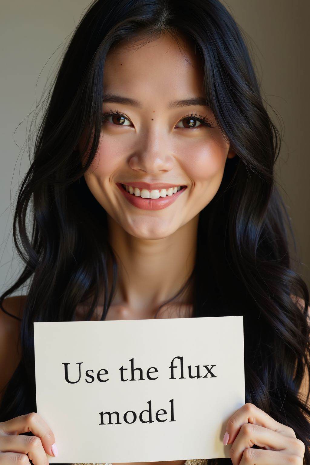 instagram photo, closeup face photo of 20 y.o, brown eyes, pale skin, smile, black long straight hair, elegant dress, holding a sign with text "Use the flux model",