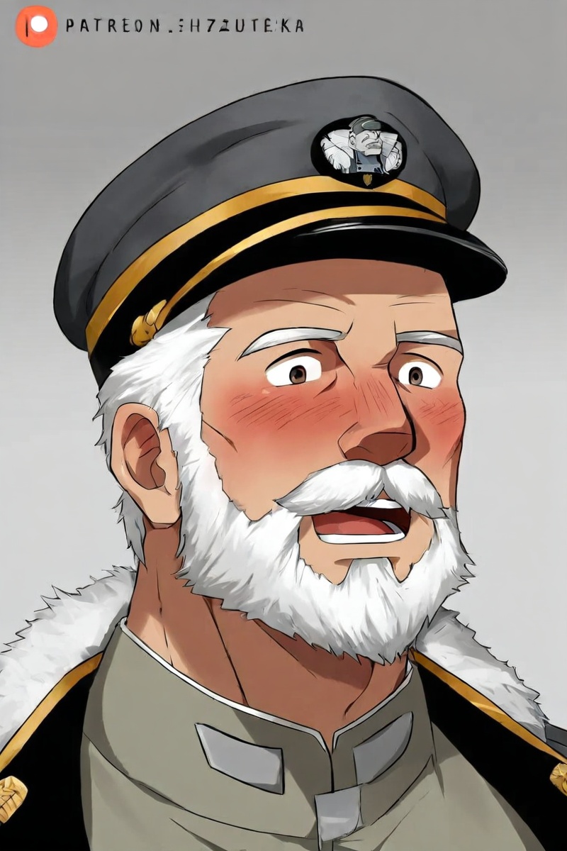 1boy,armpits,beard,blush,facial hair,hairy,hat,head portrait,male focus,mature male,military,muscular,muscular male,mustache,old man,open mouth,peaked cap,portrait,solo,uniform,white hair,
