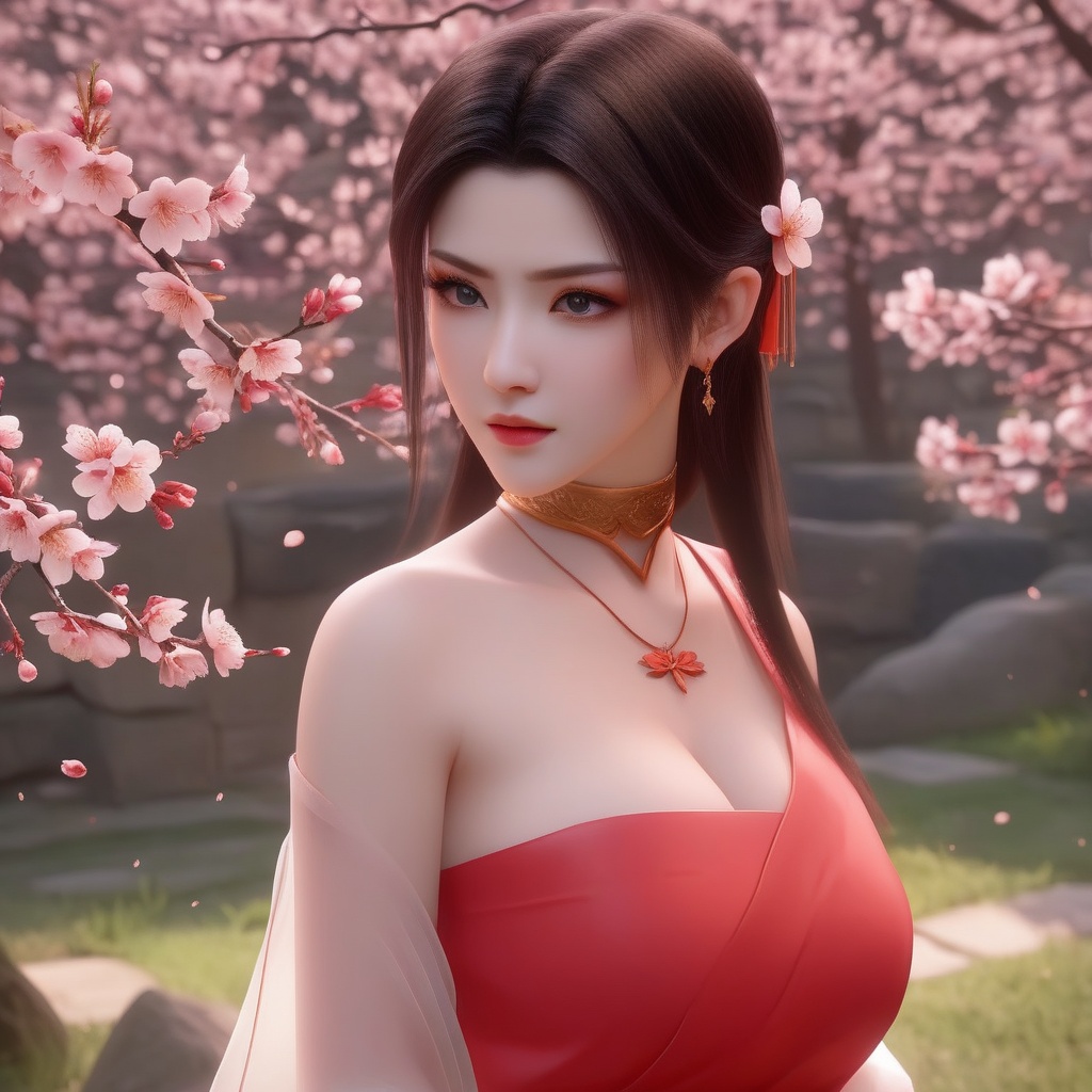 <lora:850-DA-XL-斗破苍穹-美杜莎-红色睡衣:0.8>, (,1girl, ,best quality, ),,  ,ultra realistic 8k cg,, ,masterpiece, (( , )),, ,   plum blossoms,    ,,  (cleavage),,  (), ,,