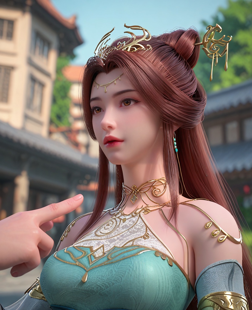 (oriental architecture, elegant decor, sophisticated style:1.1),(Tech Interaction, Interacting with a high-tech gadget or holographic display with a thoughtful expression,:1.1),(breasts:1.2),<lora:XL百炼成神苏灵韵:0.95>,miss sulingyun,brown hair,long hair,green dress,hair ornament,jewelry,detached sleeves,brown eyes,hair bun,bare shoulders,earrings,flower bracelet,breasts,, zPDXL2, score_9, score_8_up, score_7_up BREAK realistic, masterpiece,best quality, highly detailed,, zPDXL3, zPDXL2,zPDXL, zPDXLxxx, zPDXLrl,