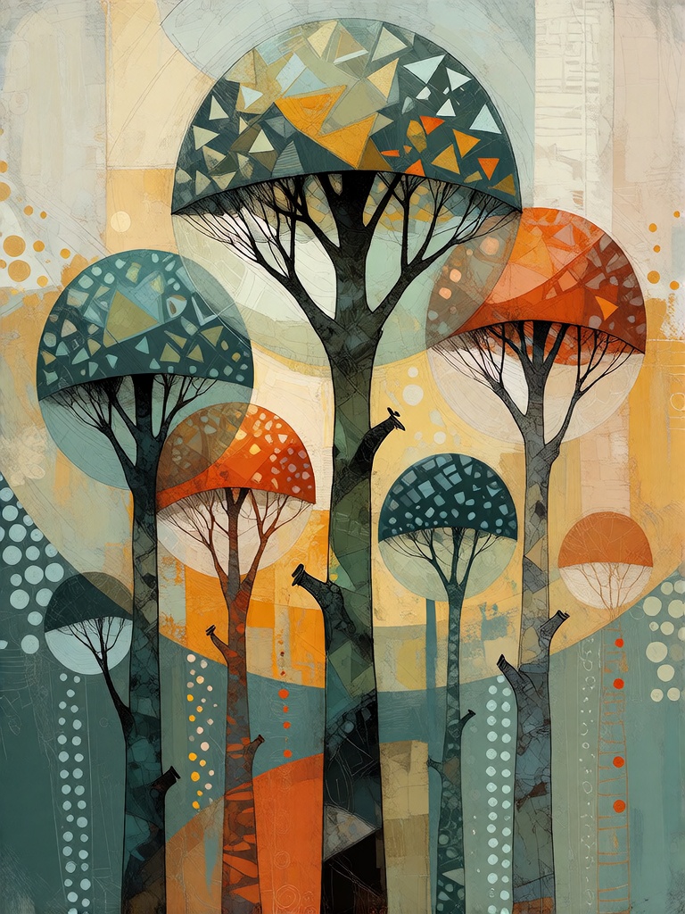 Bradhamel art style. A vibrant abstract forest scene rendered in a stylized geometric painting style,  featuring tall slen...