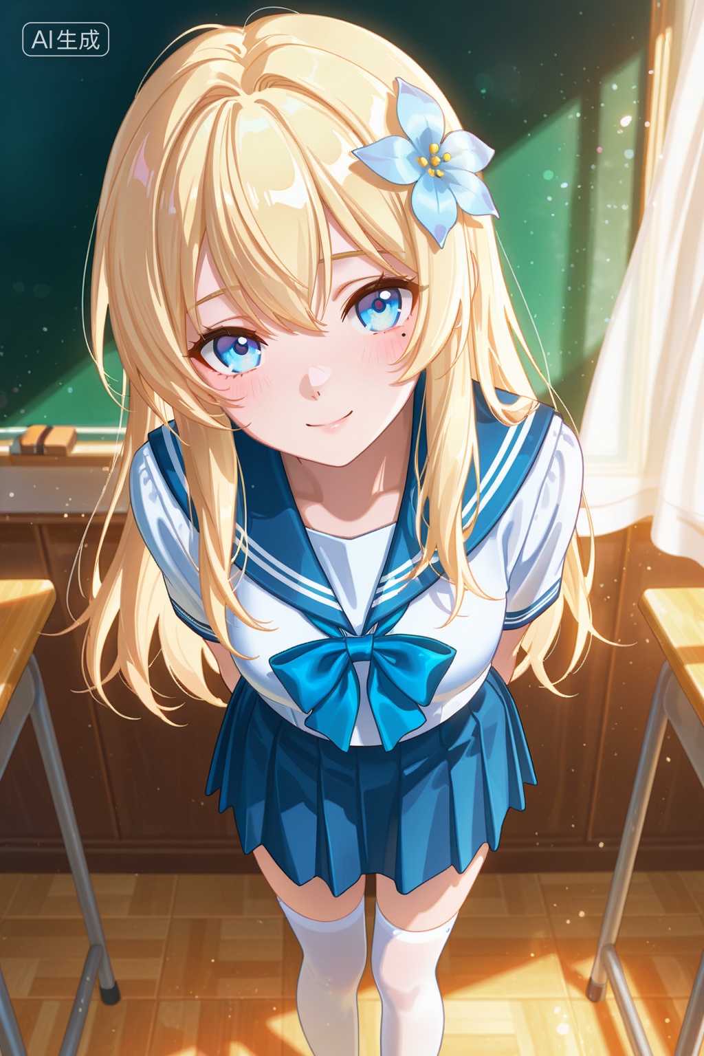 hh,digital illustration,anime style,young blonde girl with long hair,blue and white sailor school uniform,blue bow tie,blue skirt,white thigh-high socks,standing in a classroom,looking up at viewer with a shy smile,green chalkboard in background,sunlight streaming in from the left,white curtain partially visible,wooden desks and chairs in background,blue flower hair accessory on right side of head,soft shading and light effects,warm color palette,girls skin is fair,light blush on cheeks,slightly bent forward posture,hands behind her back,gentle and innocent expression,detailed and clean art style,medium close-up,soft and warm lighting,slight lens flare,classroom setting,schoolgirl aesthetic,character design,detailed hair,soft shading,anime art style,digital medium,medium shot,classroom setting,warm and inviting atmosphere,character centered in frame,light and shadow contrast,subtle background details,soft focus background,gentle expression,detailed hair strands,light blue eyes,light blush on cheeks,white curtain,sunlight,warm color tones,light effects,soft shading,medium shot,light and shadow contrast,detailed background,warm light,soft light effects,detailed character design,medium shot,anime style,detailed hair strands,light effects,soft shading,warm and inviting atmosphere,detailed background,soft focus background,warm light,detailed character,medium shot,soft focus background,anime style,detailed hair,medium shot,warm light,light effects,detailed background,warm color palette,light effects,soft shading,detailed character design,soft focus.,, Negative prompt: low quality,blurry,bad anatomy,disfigured,poorly-drawn face,abnormal body proportions,extra limbs,watermark,signature,(worst quality:1.6),(low quality:1.6),(normal quality:1.6),(watermark:1.2),(bad anatomy:1.2),(bad fingers,:1.8),(signature:1.2),error,worst quality,low quality,sketches,lowres,monochrome,grayscale,worstquality,text,logo,cropped,bad proportions,out of focus,username,bad body,long body,long neck,deformed,bad hands,mutated hands and fingers,malformed hands,poorly drawn hands,mutated hands,too many fingers,extra limb,,nsfw, Steps: 30, Sampler: Euler a, CFG scale: 7.0, Seed: 1605348042, Size: 1024x1536, Model hash: e24e9cdf73, Model: 星美XM-ILL-3DCG-V1.0_1.safetensors, Denoising strength: 0, RNG: CPU, Lora 1: ereyutyiuyo, Lora Hash 1: cfcc851c28, Lora Weight 1: 0.8, vae_name: automatic
