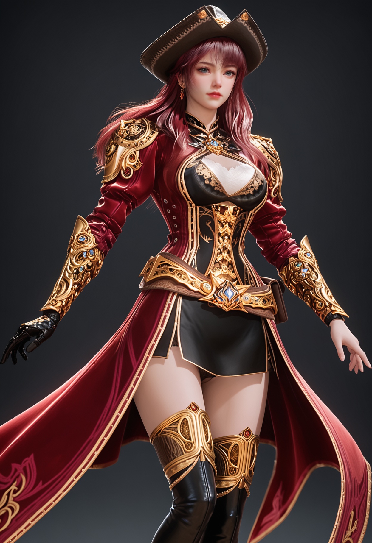 (cowboy shot:1.2),score_9,score_8_up,masterpiece,(best quality),intricate details,facing viewer,(looking at viewer:1.1),<lora:YQ_pony_menghongchen_V4:0.8>,q1528437228,solo,1girl,hat,long hair,red hair,boots,thighhighs,blue eyes,gloves,thigh boots,skirt,armor,pink hair,jewelry,belt,brown hair,pirate hat,earrings,coat,high heels,red coat,black gloves,grey eyes,dress,miniskirt,black eyes,black footwear,high heel boots,black headwear,long sleeves,single glove,BREAKscore_9,score_8_up,masterpiece,(best quality),perfect anatomy,(hourglass),perfect face,(simple background,pure black background,black background:1.1),fair_skin,shiny_skin,Ivory_skin,