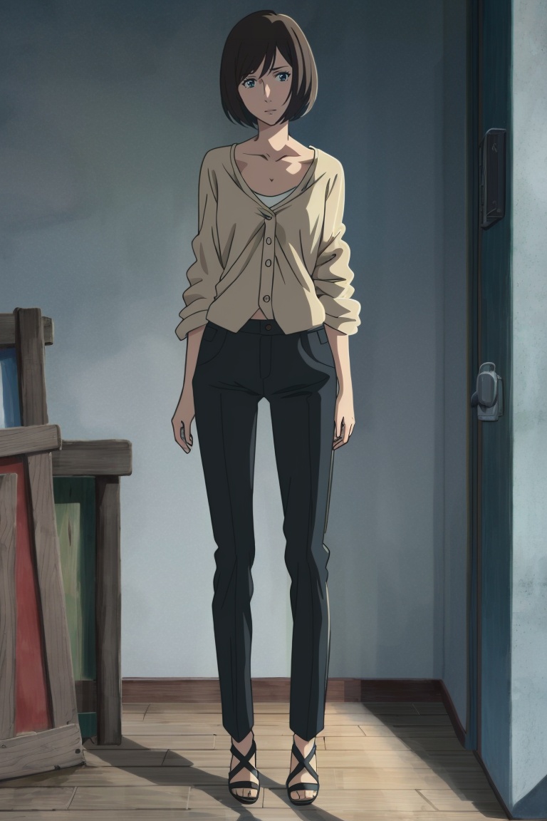((HRD, HUD, 8K)),((masterpiece, best quality)), highly detailed, soft light,1girl, solo, short hair, black hair, brown hair, bob cut, blue eyes,collarbone, pants, toenails,  full body, long legs, standing, looking at viewer,<lora:20240421-1713705200913:0.8>