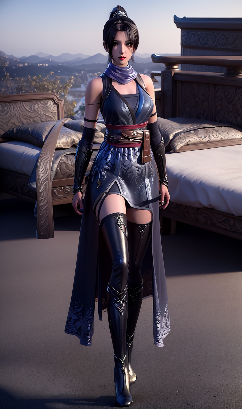 3D,masterpiece,(best quality),(makeup),official art, extremely detailed cg 8k wallpaper,((crystalstexture skin)), (extremely delicate and beautiful),(highly detailed),(face),(ponytail),(wristband),(scarf),(1girl), (solo), (jewelry), (earrings),(black_hair),(long_hair),(hair_ornament),(handwear),(breasts),(standing),((full_body,whole_body)),(closed_mouth),(off-shoulder_dress),(long_skirt),(chinese_clothes),(dress),,(multicolored_clothes),(multicolored_dress),(shiny_clothes),(city,outdoor,bed),(thighhighs),(long_legs),(sash),(gown),,((looking_at_viewer)),((Facing the camera)),(boots), (high_heels),(high_heel_boots), , <lora:hipoly3DModelLora_v10:0.3>