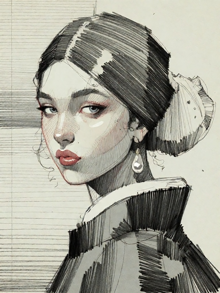 Bradhamel art style.A highly detailed black-and-white line art sketch of a young woman in profile,  rendered with dense pa...
