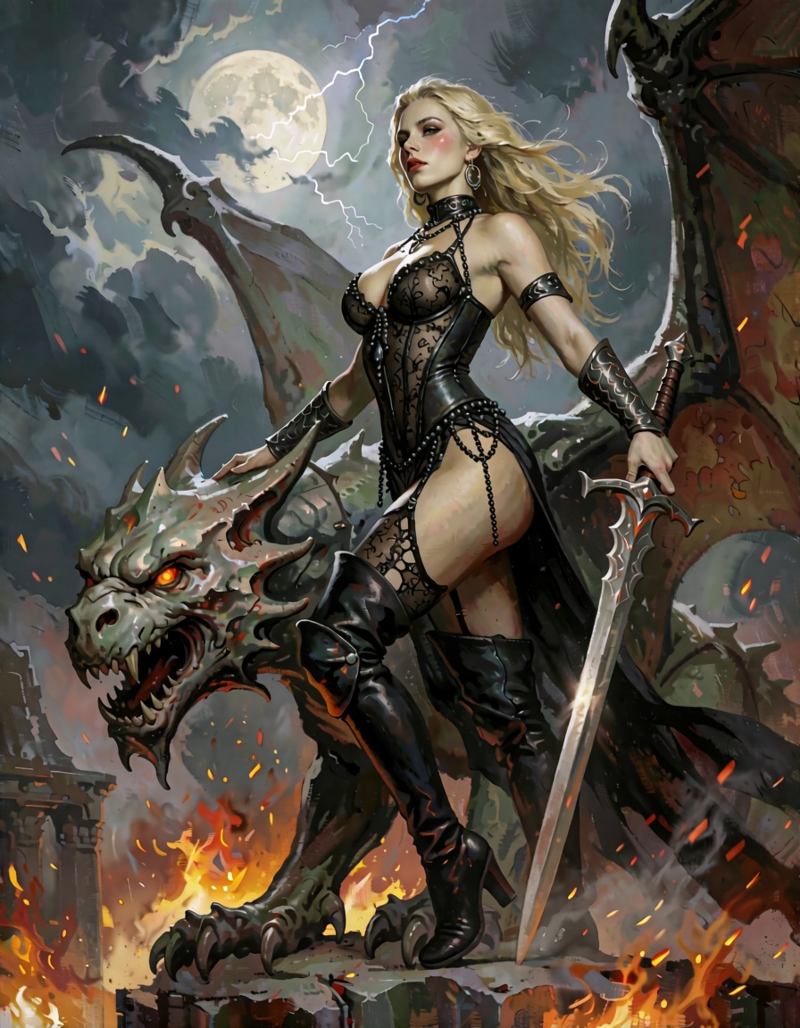 A cinematic masterpiece unfolds under a moonlit sky streaked with storm clouds and glowing embers from an inferno below,...