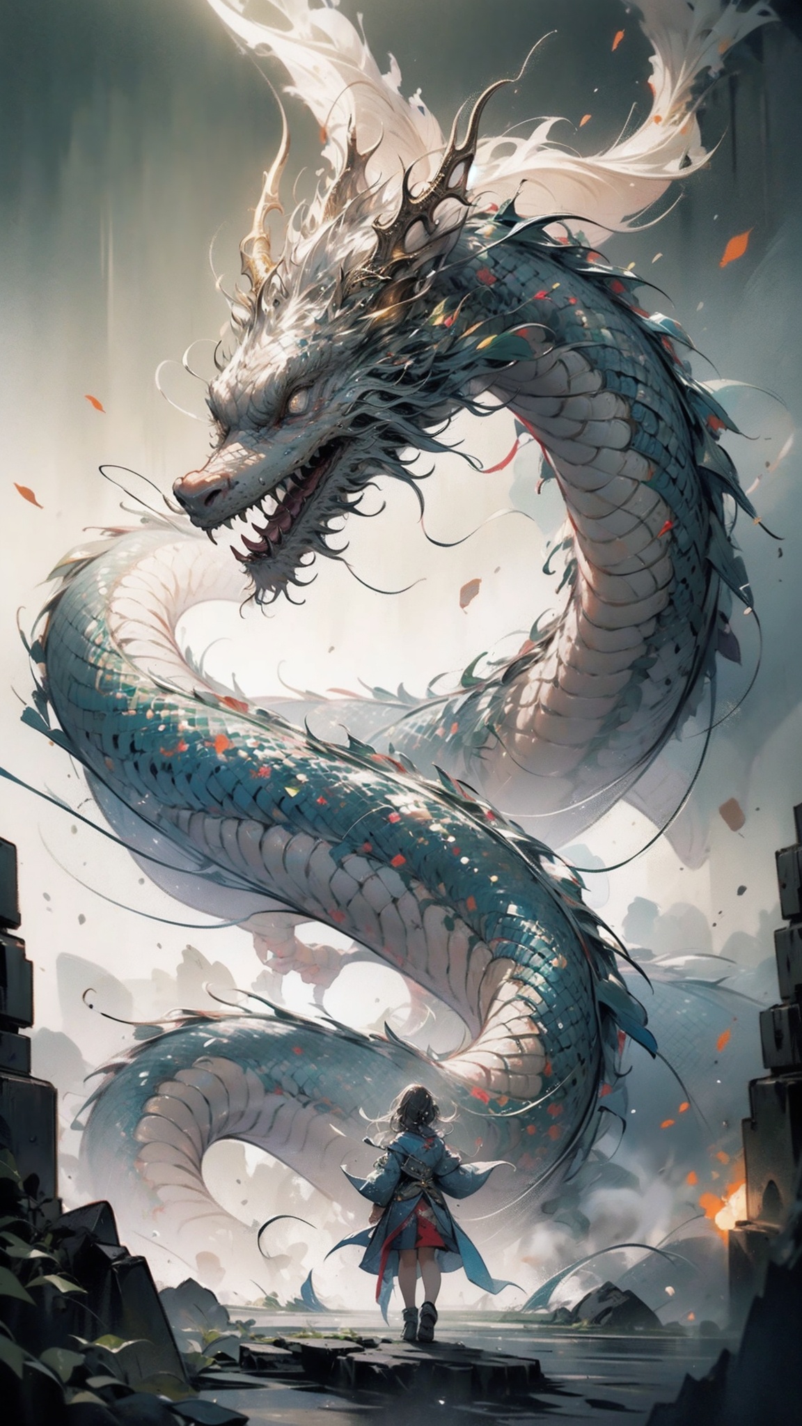 masterpiece, best quality, 32k uhd, Epic CG masterpiece, hdr, dtm, 8K, ultra detailed graphic tension, 00 renderer, dynamic poses, stunning colors, 3D rendering, surrealism, cinematic lighting effects, super realistic, super vista, super wide Angle, HD,chinese dragon, sky, no humans,full body photos, dream like, normal fingers, realistic light and shadow, (glowing:1.5),
