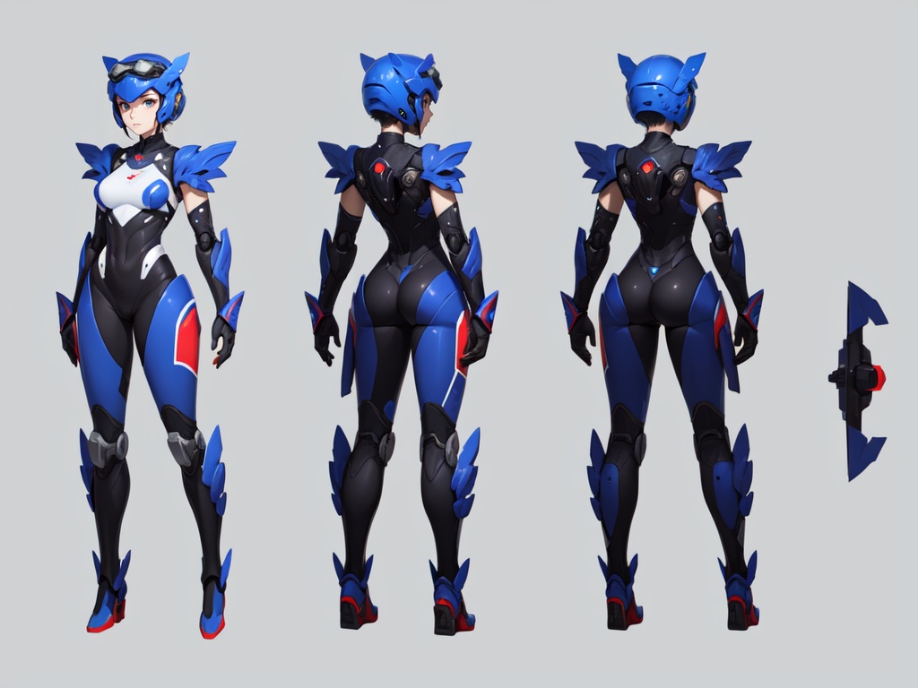 2D Character Concept Design, 1 Robot, Goggles, Side of Arms, Standing, Blue Tech Lines, Mechanized Body, Fingerless Gloves, Wing-shaped Helmet, Boots, Large Round Eyes, Full Body, Looking at the Audience, White Body, Standing on a Circular Base, (Generates Three Views: 1.5, i.e. Front, Side, and Rear Views,) Head-to-Body Ratio 1:3, Clean Background, Highest Quality, Masterpieces, Detailed Details.
