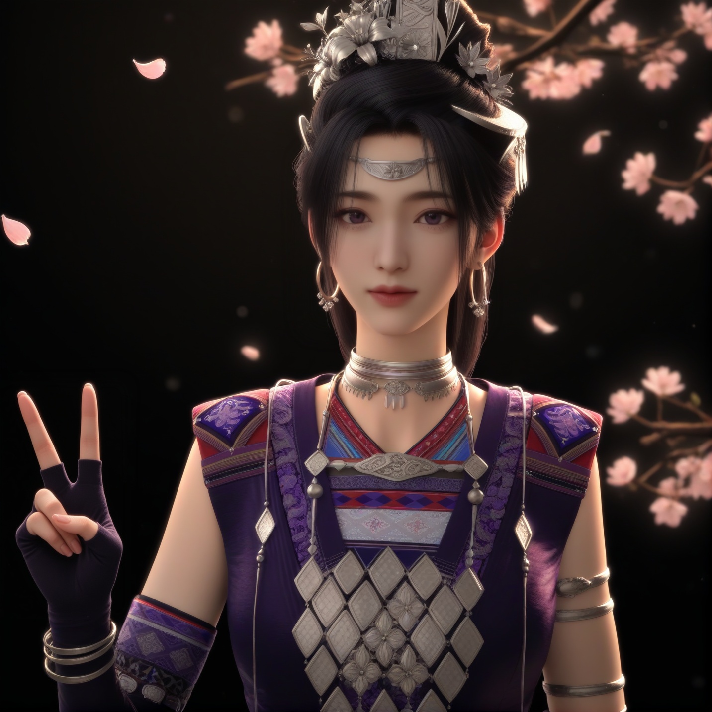 (score_9),<lora:紫萱-ill:0.83>,1girl,solo,long hair,black hair,hair ornament,jewelry,hoop earrings,circle,hair flower,tiara,choker,silver choker,necklace,purple dress,elbow gloves,armlet,bracelet,single elbow gloves,collarbone,double v,looking at viewer,(front view),upper body,BREAKtwig,branch,falling petals,simple background,black background,rim light,Volumetric Lighting,lens flare,Tyndall effect,depth of field,bokeh,sparkle,<lora:e色温:-0.6>,