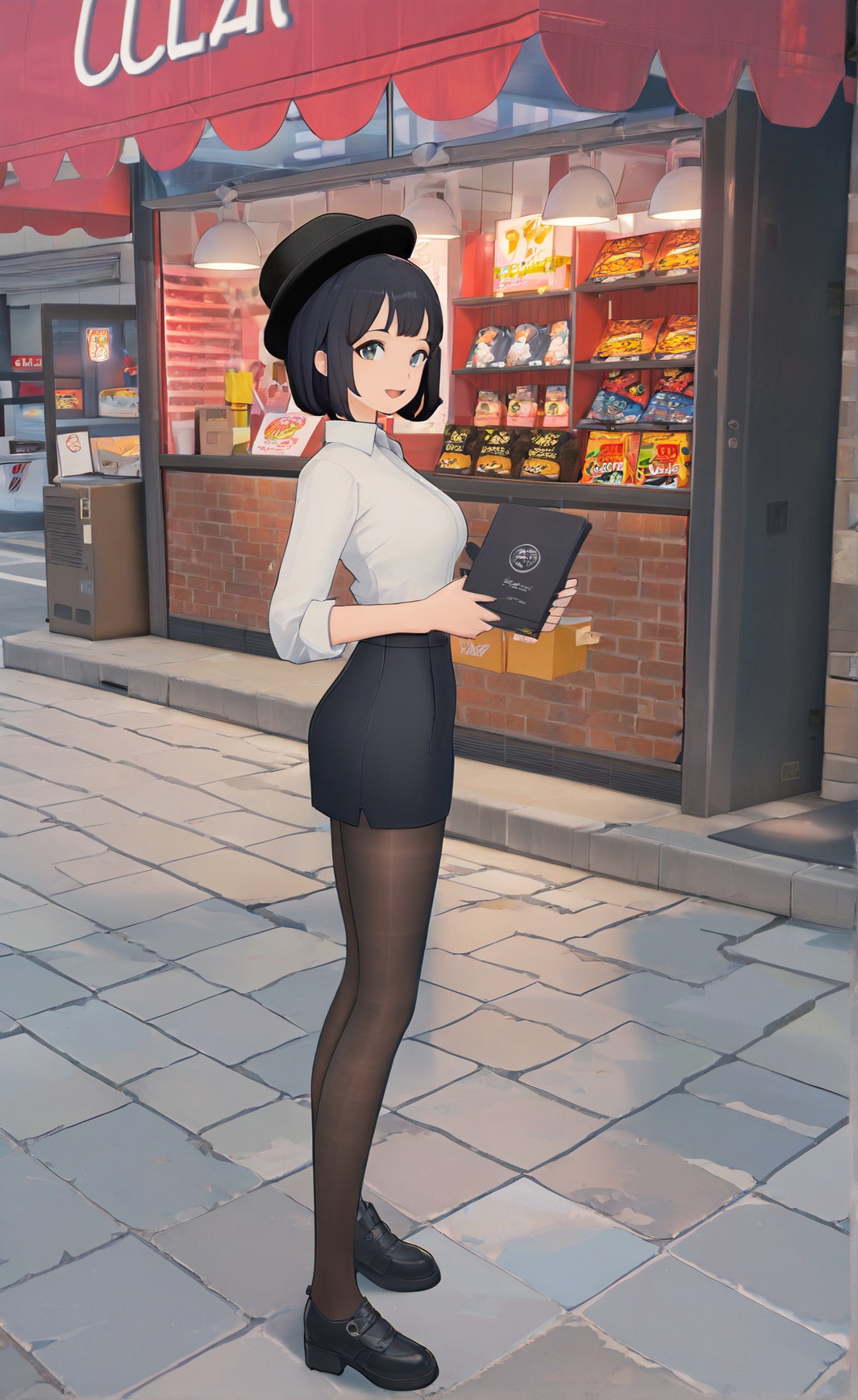 8k, best quality, masterpiece, (ultra-detailed), <lora:zzzstyle-artiwaifu-Tanger-000011:0.7>, zzz style, black footwear, 1girl, shirt,   pantyhose, outdoors, solo, shoes, pants, standing, black hair, wide shot, short hair, white shirt, tiles, black headwear, holding, storefront, black pants, open mouth, looking at viewer, skirt, smile, shop