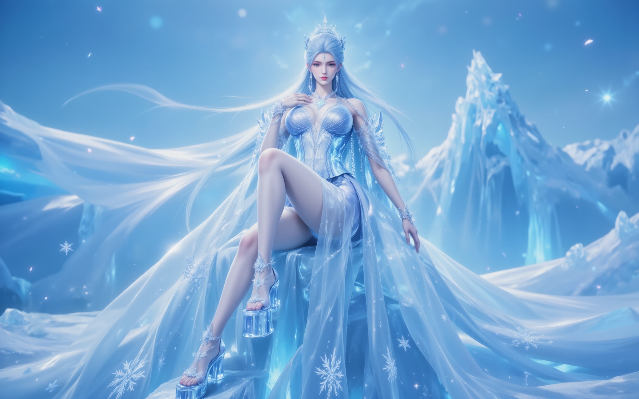 <lora:雪帝8:1.1>,xuedi,Enthroned upon a monolith of ancient glacial ice,the Snow Empress's ombré blue-white tresses cascade like frozen waterfalls,each strand adorned with delicate ice fractals. Her semi-transparent gown woven from arctic spider silk shimmers with aurora borealis hues,the hand-embroidered snowflakes at the hem glowing cerulean as she crosses her legs. The sapphire-platform heels tap the ice,sending hexagonal frost patterns radiating outward.,Leaning forward into the backlight,her silhouette sculpts mesmerizing curves,the glacial pendant at her décolletage dancing with her hoarfrost earrings. In a breathtaking 8K close-up,the falling snowflakes are seen evaporating 0.5cm from her skin - this singular warmth in the permafrost becomes the most extravagant spectacle of the North Pole.,<lora:DJ滤镜_2.5D版:0.2>,lvjing,<lora:绚丽多彩·优化9:0.3>,lvjing,