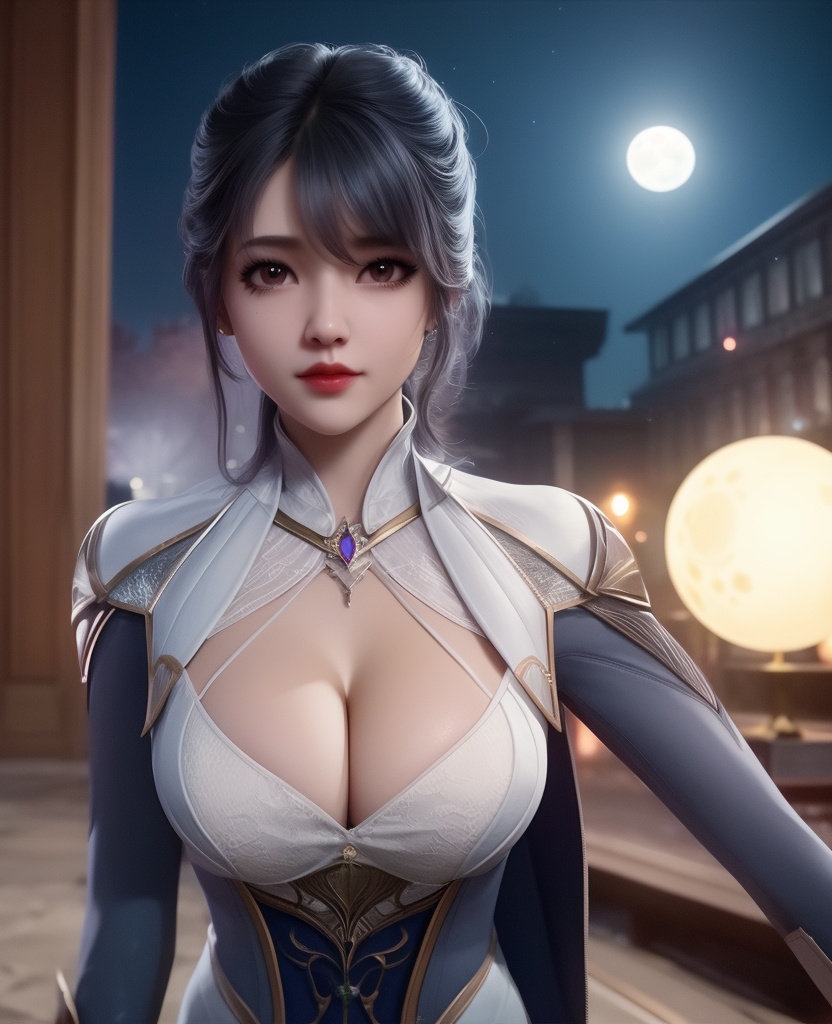 <lora:558-DA-斗罗大陆-王冬:0.8>(,1girl, ,best quality, ),looking at viewer,masterpiece, (( , )),, realistic,science fiction,mole, ultra realistic 8k cg, moonlight,full moon,  rose,(cleavage), (),